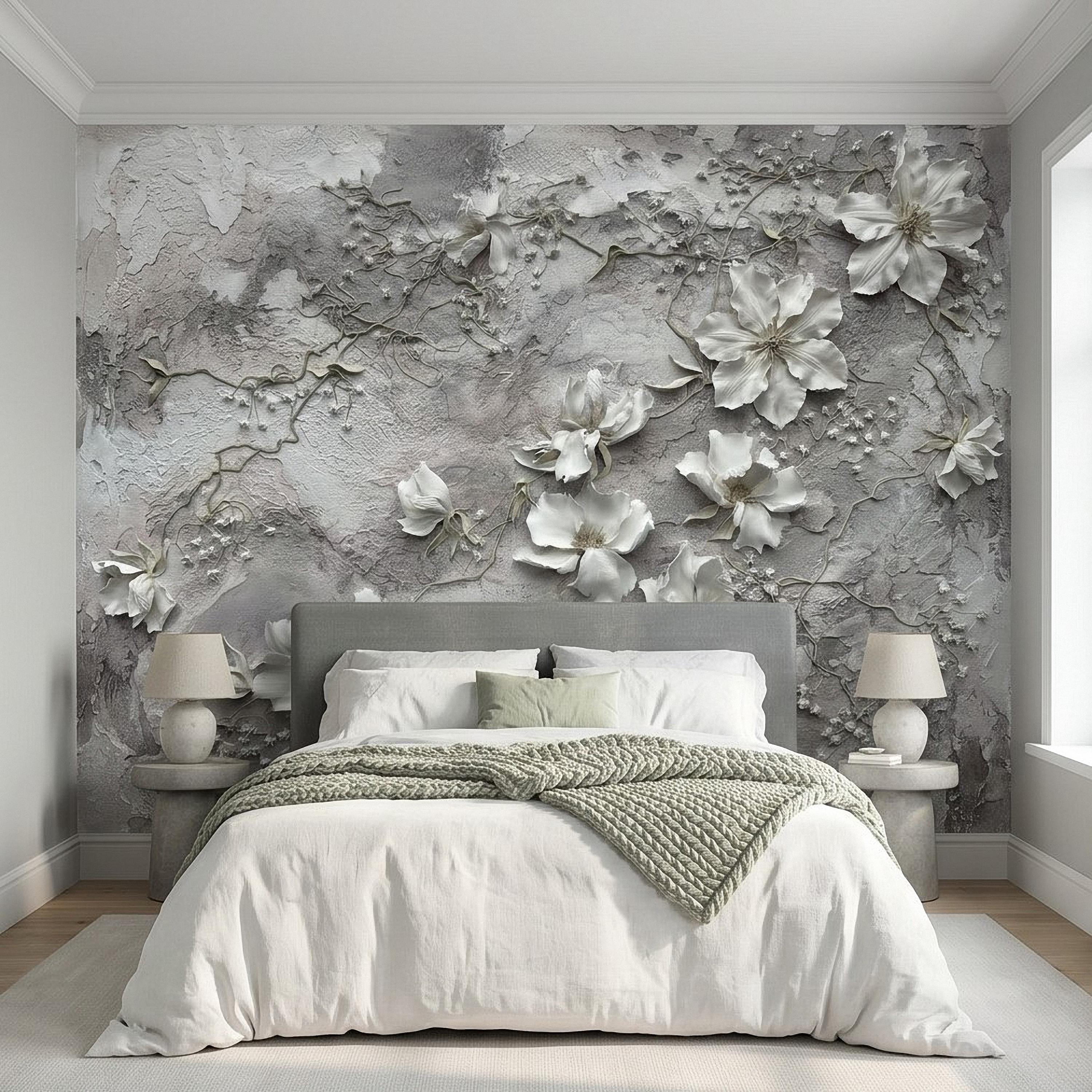 White Floral Botanical Peel & Stick Wall Mural, Textured Vines Gray Plaster Style, Luxury Embossed Neutral Modern Wallpaper