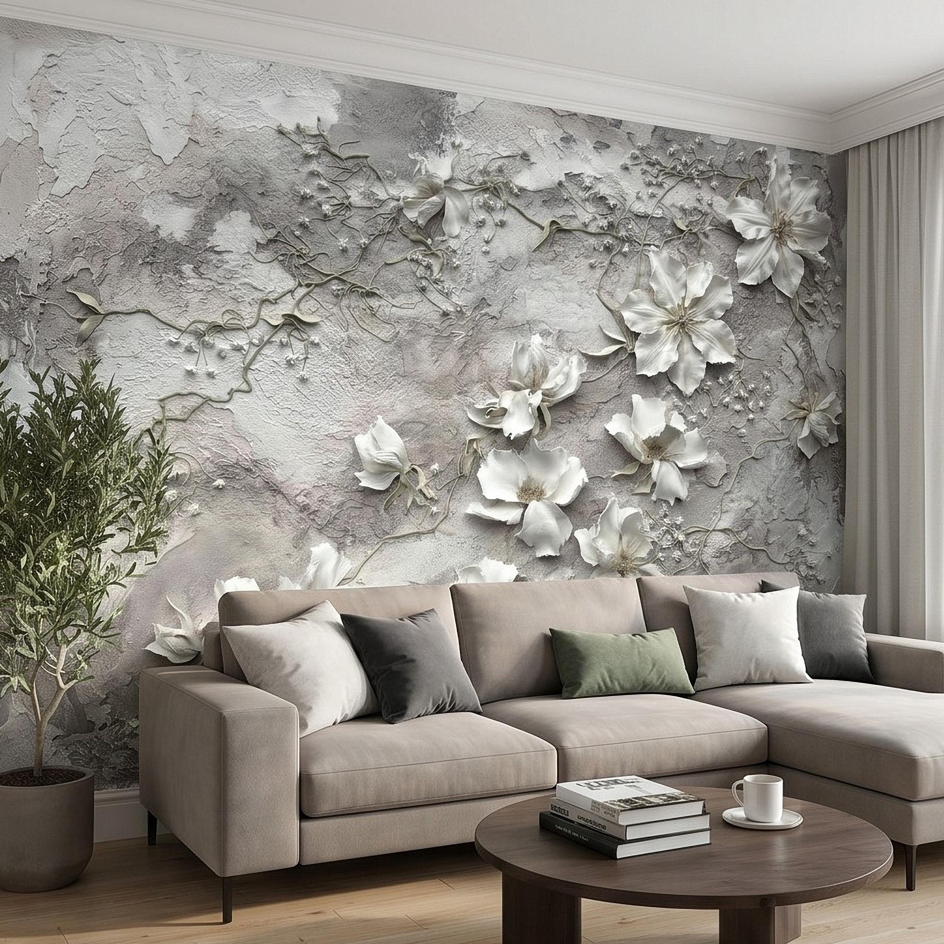 White Floral Botanical Peel & Stick Wall Mural, Textured Vines Gray Plaster Style, Luxury Embossed Neutral Modern Wallpaper