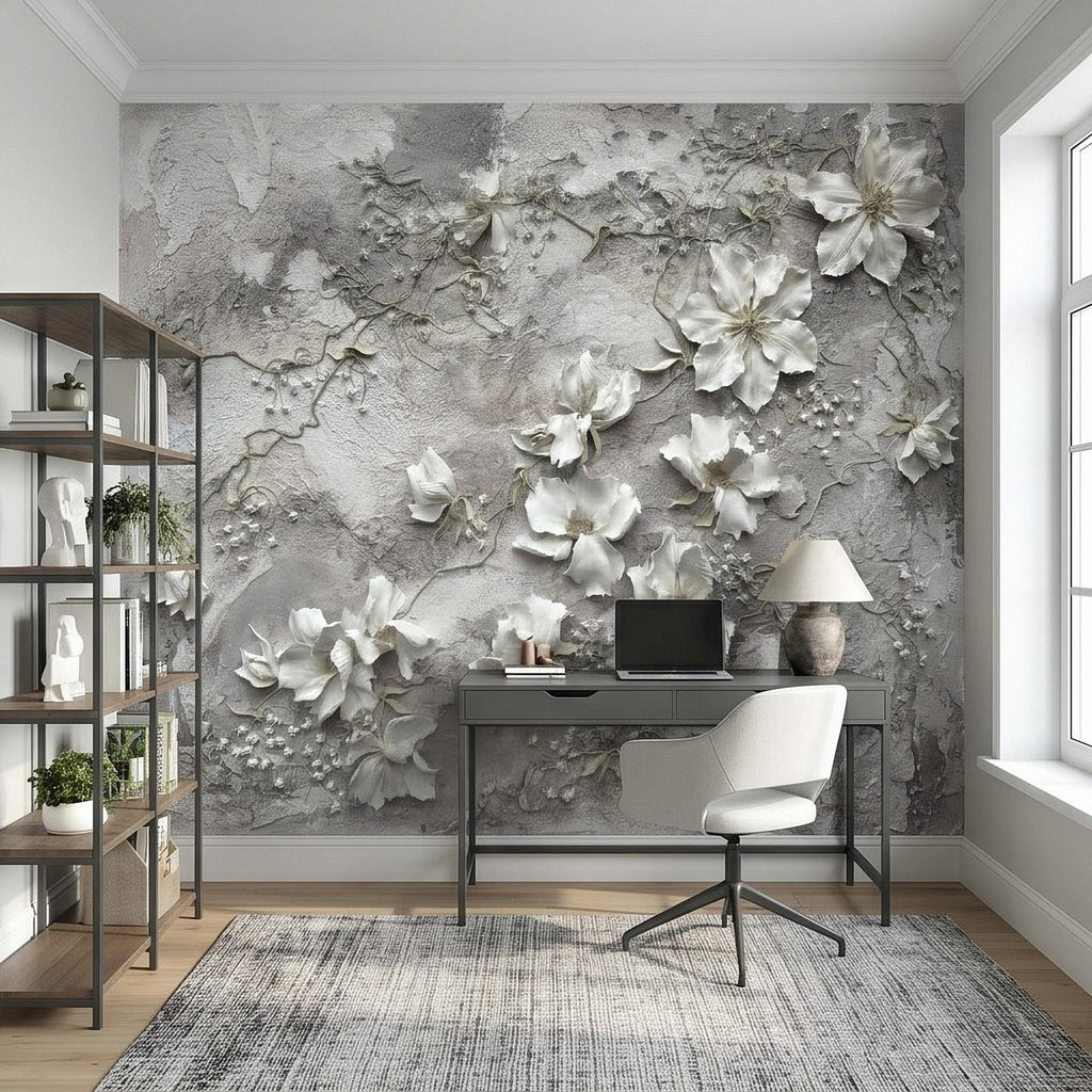 White Floral Botanical Peel & Stick Wall Mural, Textured Vines Gray Plaster Style, Luxury Embossed Neutral Modern Wallpaper