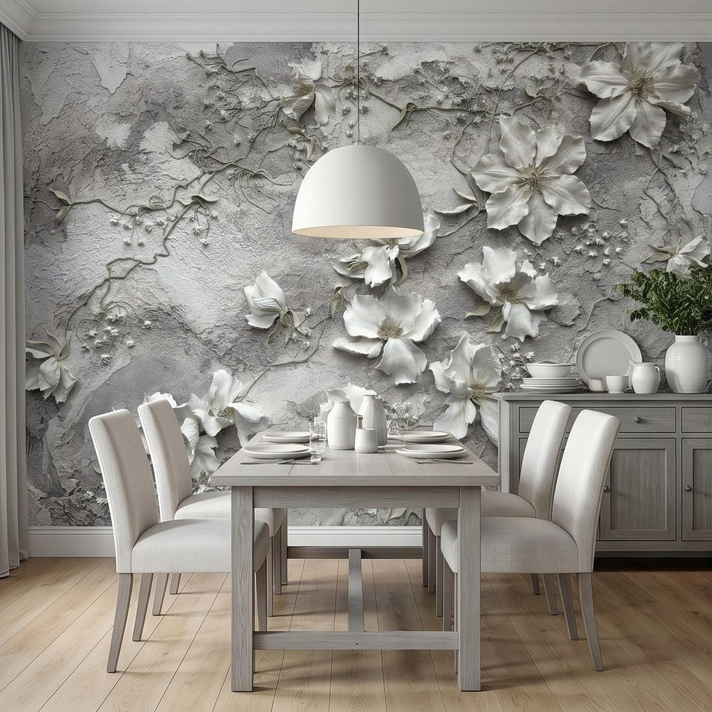 White Floral Botanical Peel & Stick Wall Mural, Textured Vines Gray Plaster Style, Luxury Embossed Neutral Modern Wallpaper