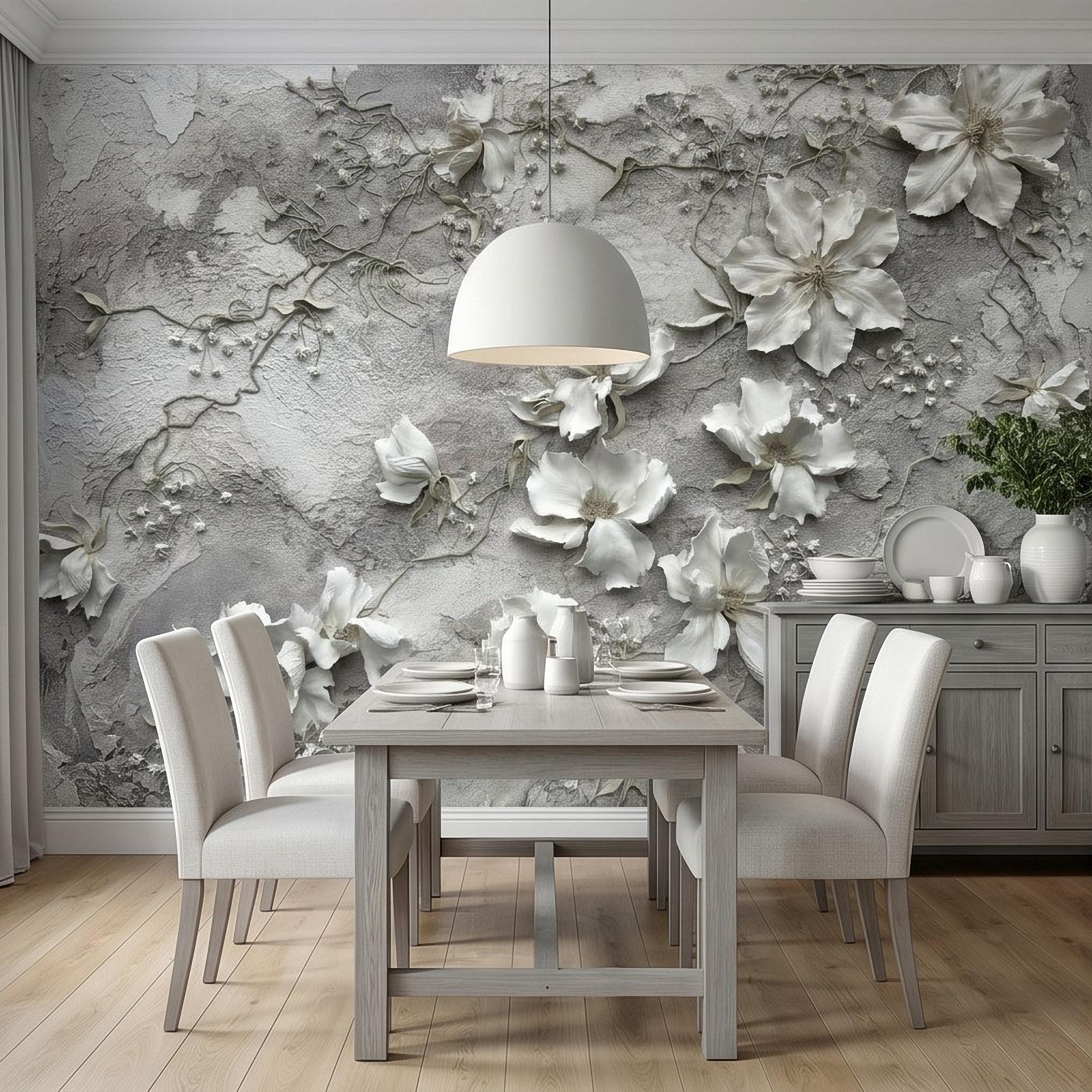 White Floral Botanical Peel & Stick Wall Mural, Textured Vines Gray Plaster Style, Luxury Embossed Neutral Modern Wallpaper