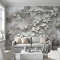 White Floral Botanical Peel & Stick Wall Mural, Textured Vines Gray Plaster Style, Luxury Embossed Neutral Modern Wallpaper