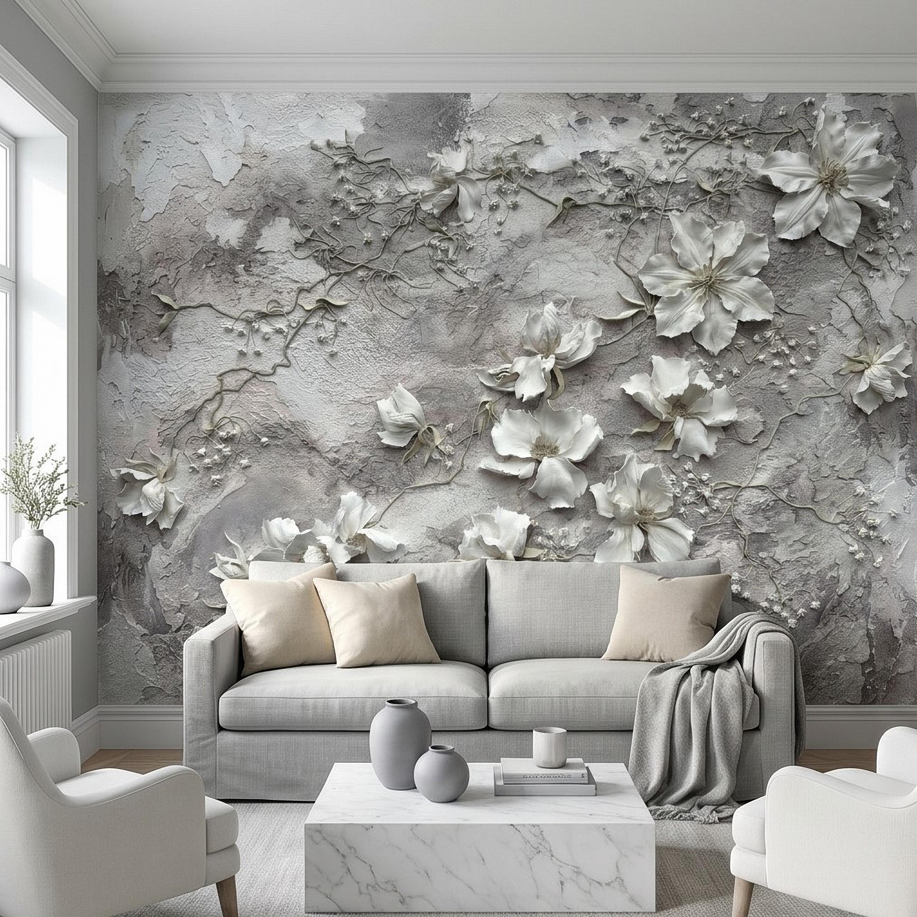 White Floral Botanical Peel & Stick Wall Mural, Textured Vines Gray Plaster Style, Luxury Embossed Neutral Modern Wallpaper
