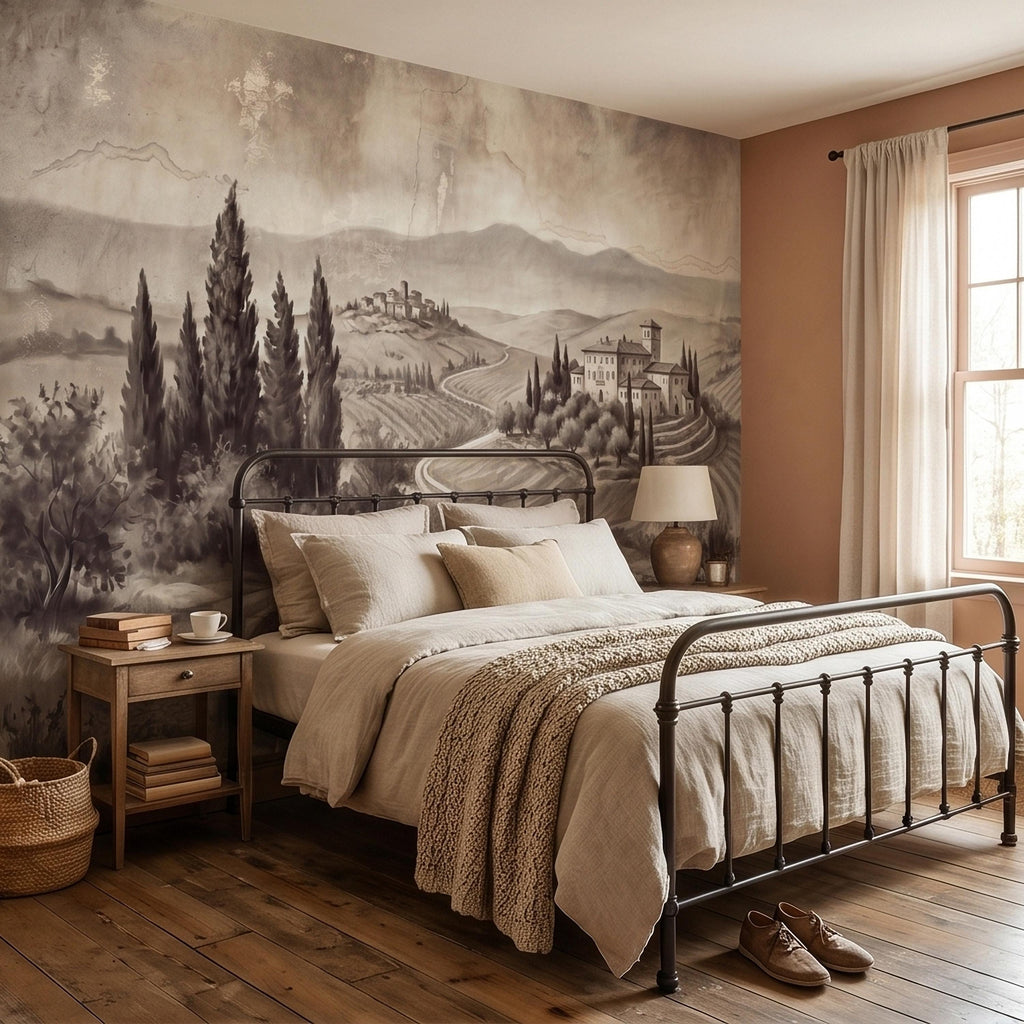 Vintage Tuscan Countryside Peel and Stick Wall Mural, Antique Italian Villa Fresco Landscape with Cypress Trees and Lake Old World Wallpaper