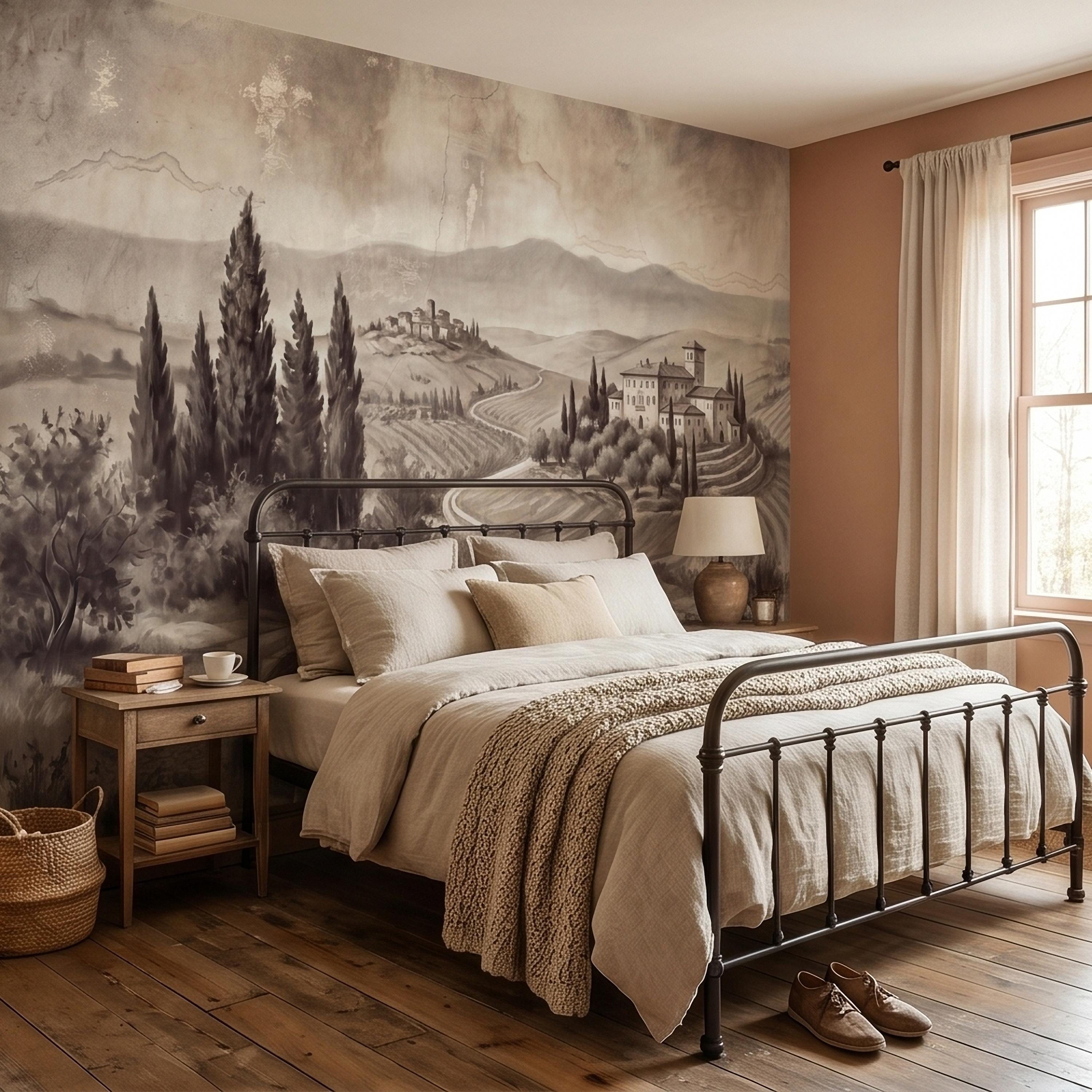 Vintage Tuscan Countryside Peel and Stick Wall Mural, Antique Italian Villa Fresco Landscape with Cypress Trees and Lake Old World Wallpaper