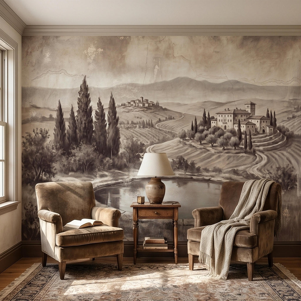 Vintage Tuscan Countryside Peel and Stick Wall Mural, Antique Italian Villa Fresco Landscape with Cypress Trees and Lake Old World Wallpaper