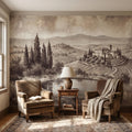 Vintage Tuscan Countryside Peel and Stick Wall Mural, Antique Italian Villa Fresco Landscape with Cypress Trees and Lake Old World Wallpaper