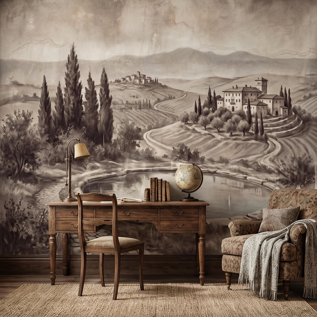 Vintage Tuscan Countryside Peel and Stick Wall Mural, Antique Italian Villa Fresco Landscape with Cypress Trees and Lake Old World Wallpaper