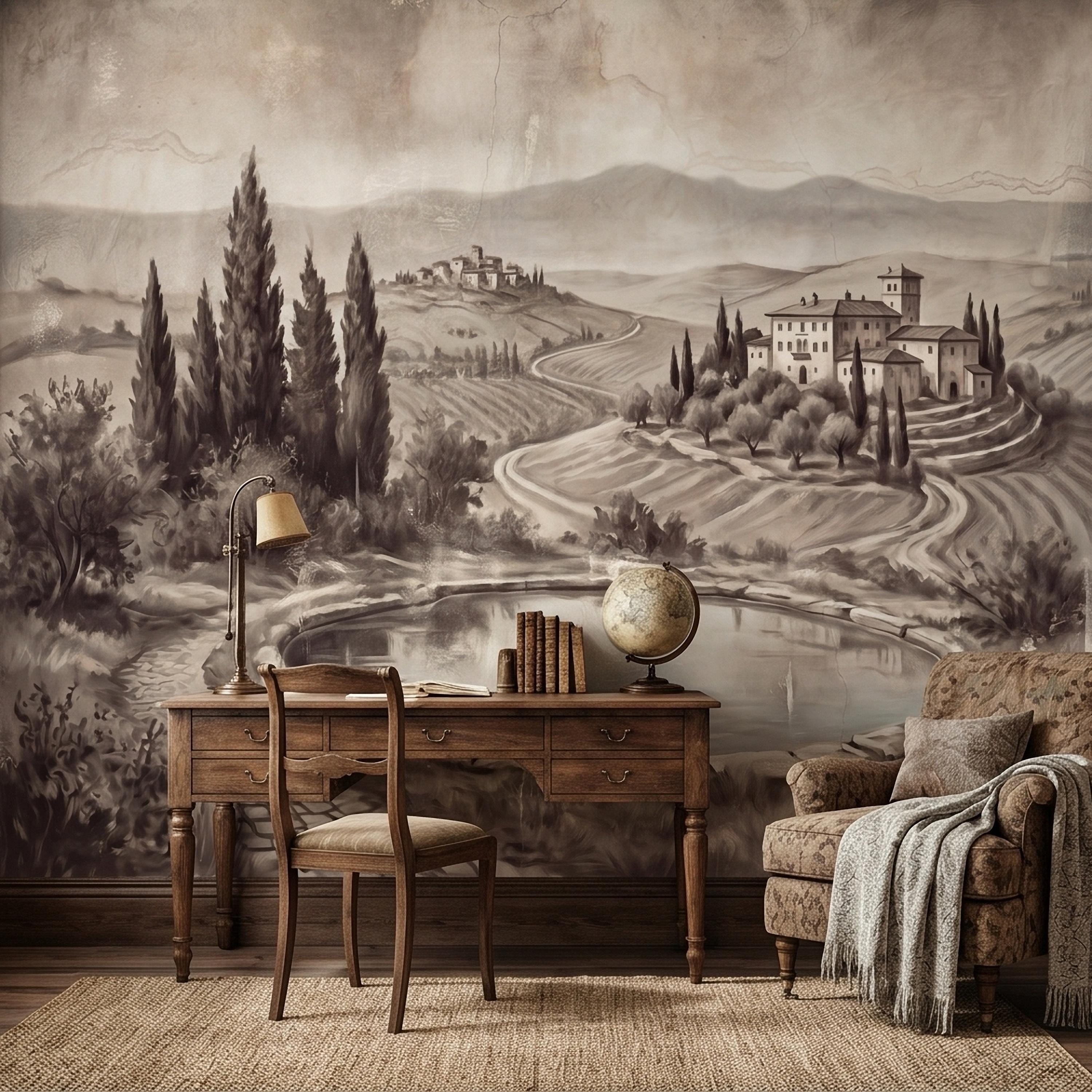 Vintage Tuscan Countryside Peel and Stick Wall Mural, Antique Italian Villa Fresco Landscape with Cypress Trees and Lake Old World Wallpaper
