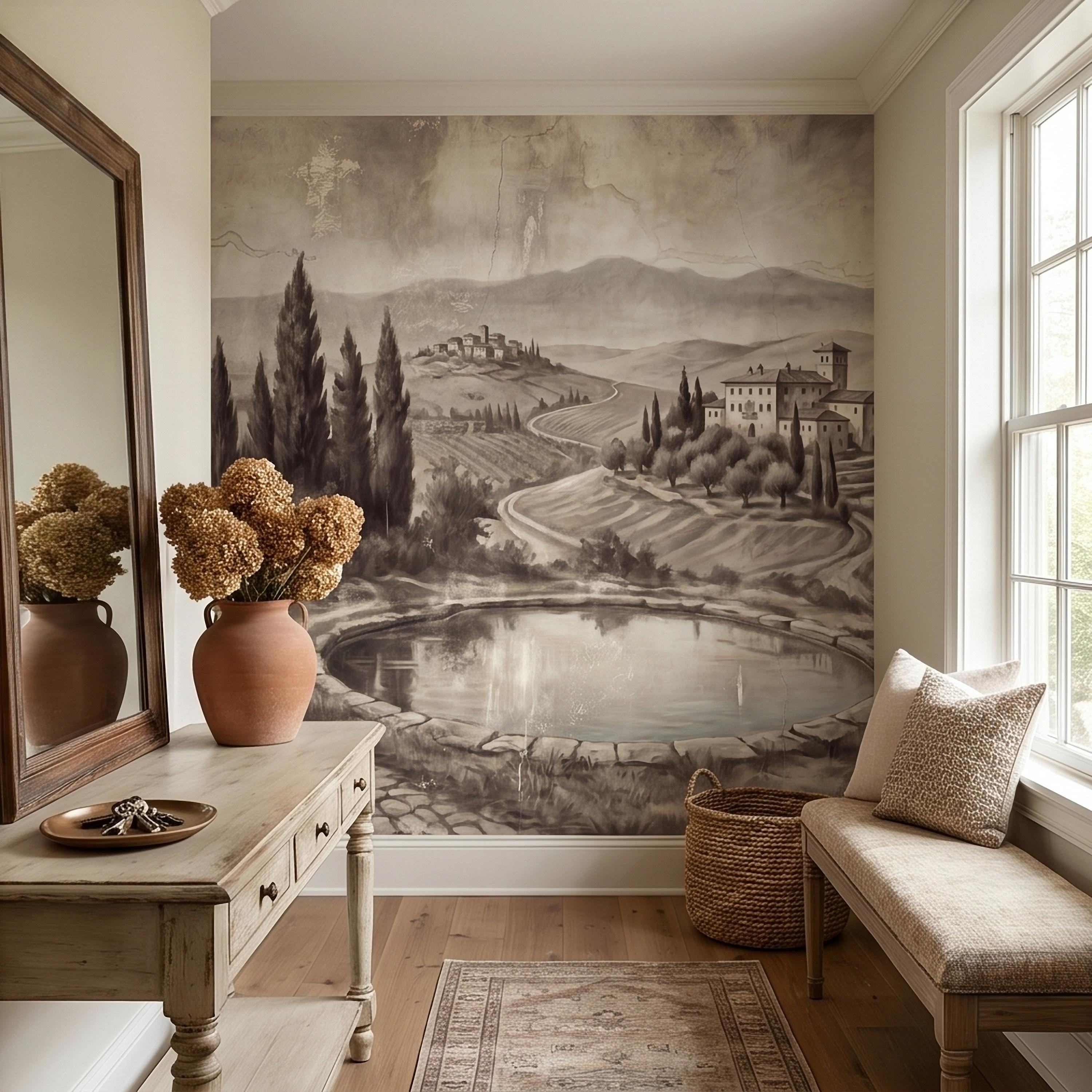 Vintage Tuscan Countryside Peel and Stick Wall Mural, Antique Italian Villa Fresco Landscape with Cypress Trees and Lake Old World Wallpaper