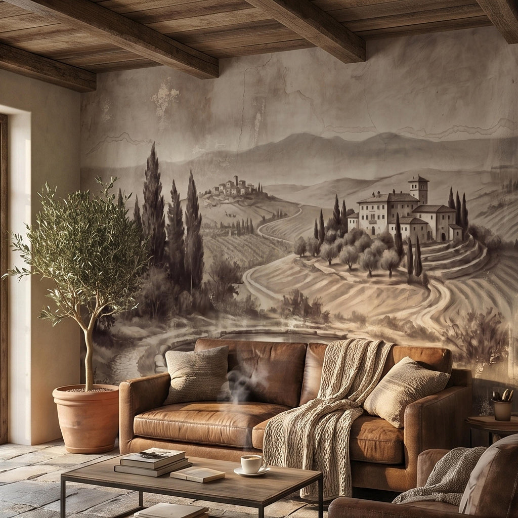 Vintage Tuscan Countryside Peel and Stick Wall Mural, Antique Italian Villa Fresco Landscape with Cypress Trees and Lake Old World Wallpaper