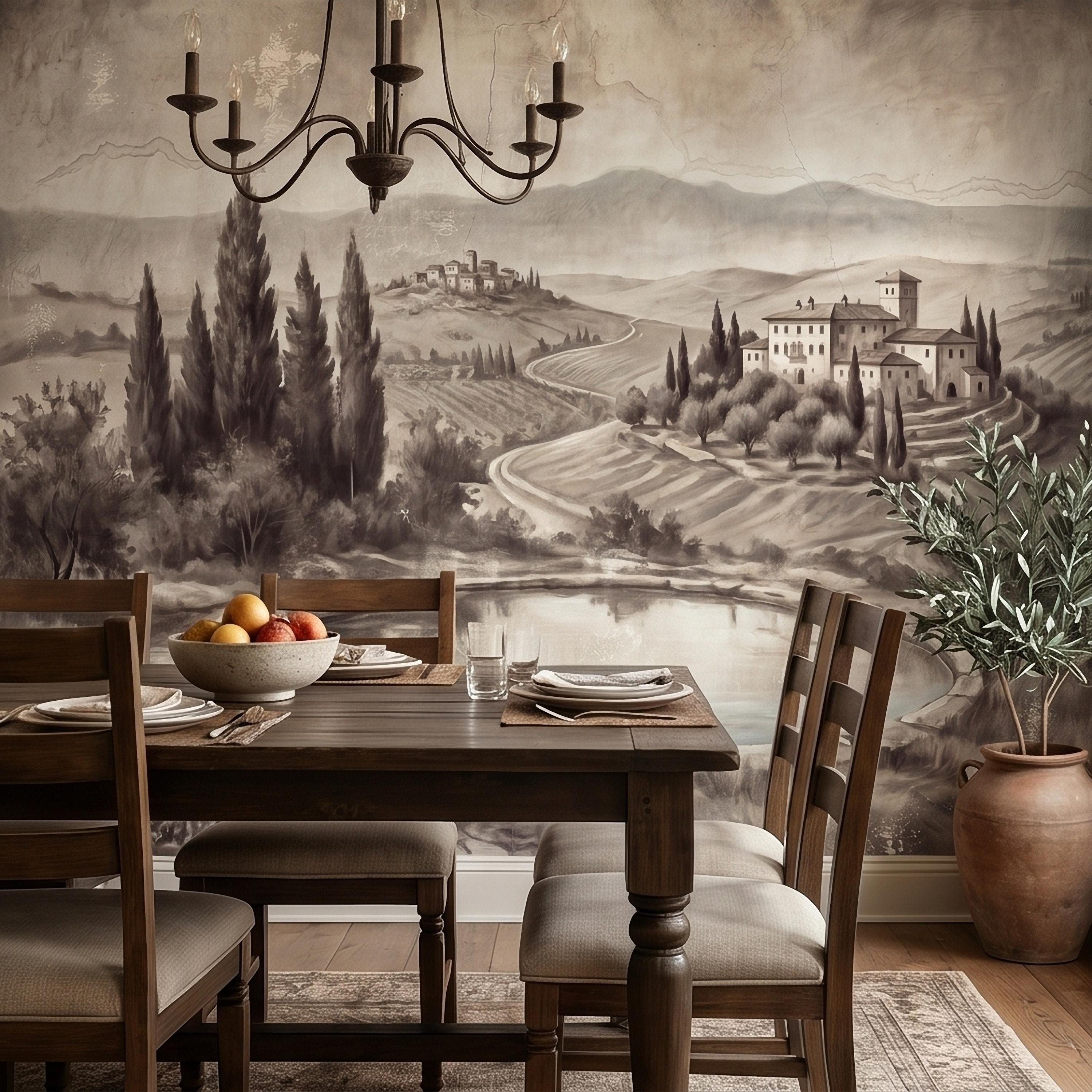 Vintage Tuscan Countryside Peel and Stick Wall Mural, Antique Italian Villa Fresco Landscape with Cypress Trees and Lake Old World Wallpaper