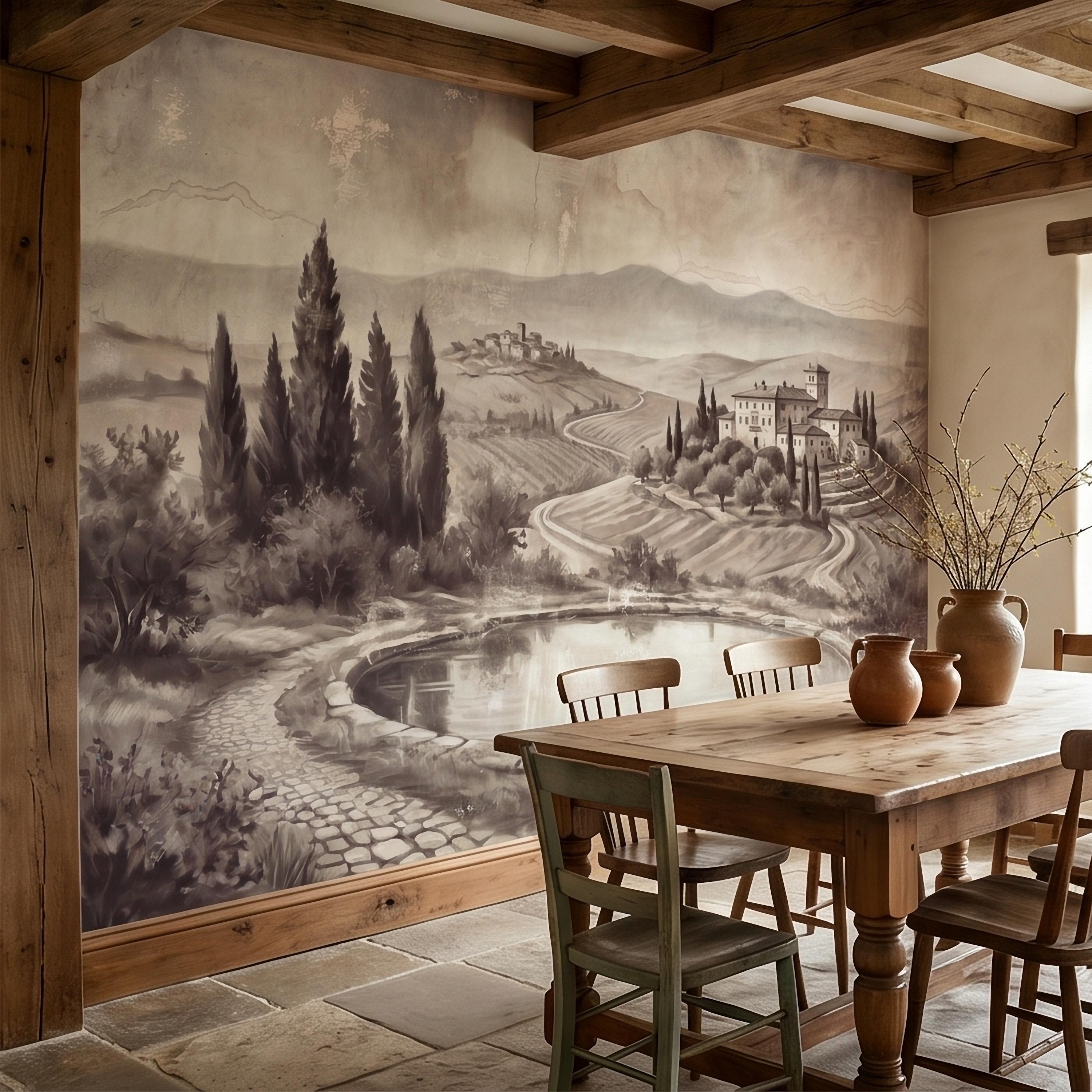 Vintage Tuscan Countryside Peel and Stick Wall Mural, Antique Italian Villa Fresco Landscape with Cypress Trees and Lake Old World Wallpaper