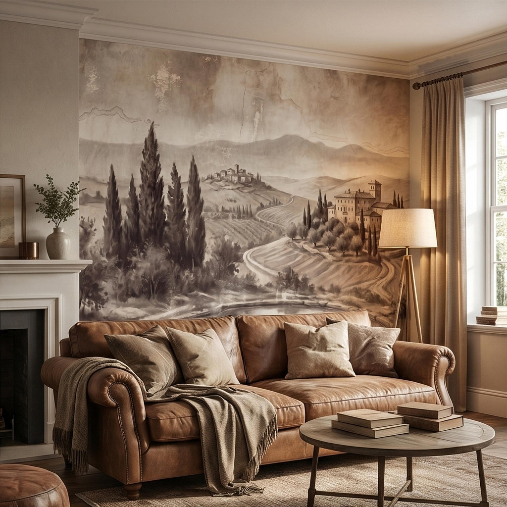 Vintage Tuscan Countryside Peel and Stick Wall Mural, Antique Italian Villa Fresco Landscape with Cypress Trees and Lake Old World Wallpaper