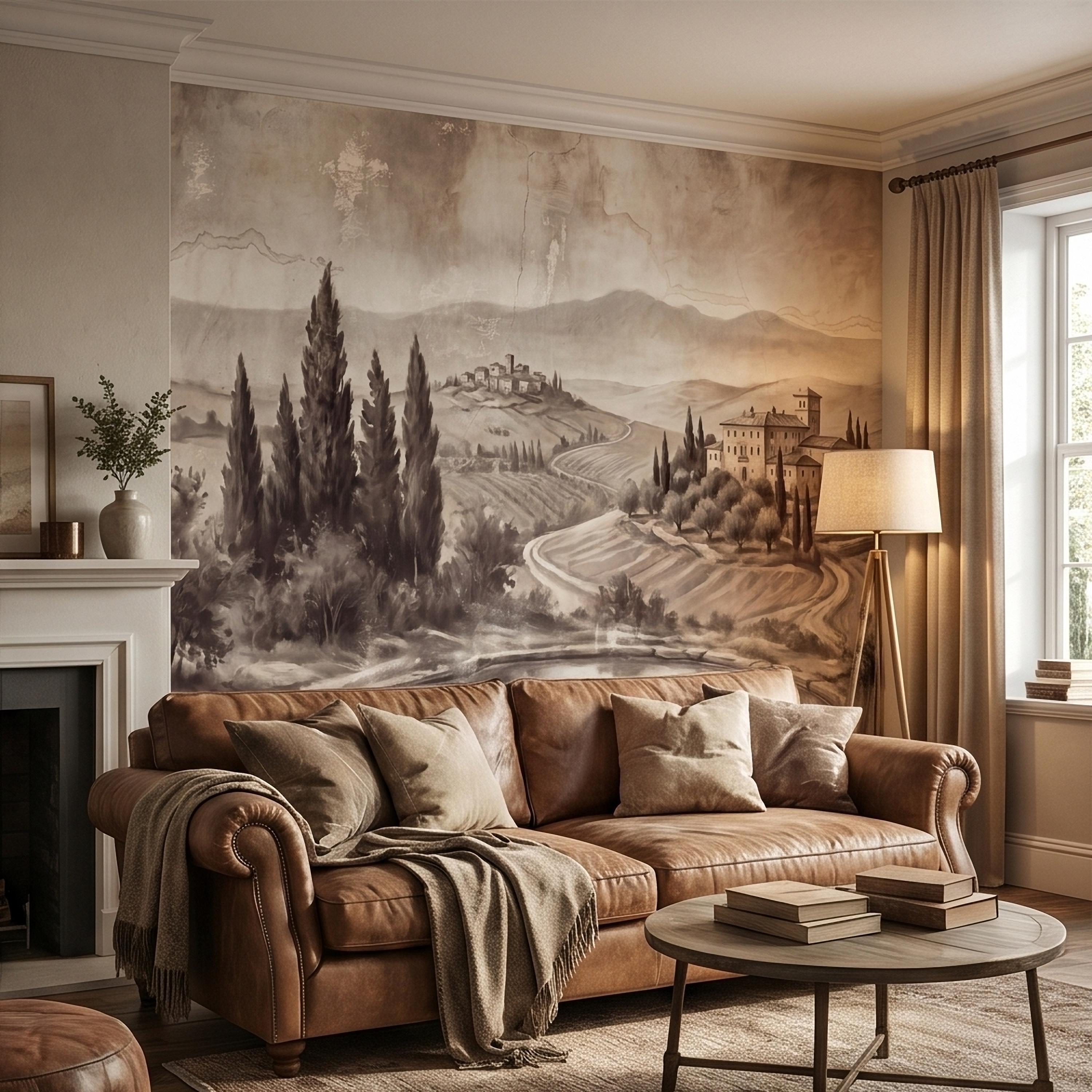 Vintage Tuscan Countryside Peel and Stick Wall Mural, Antique Italian Villa Fresco Landscape with Cypress Trees and Lake Old World Wallpaper