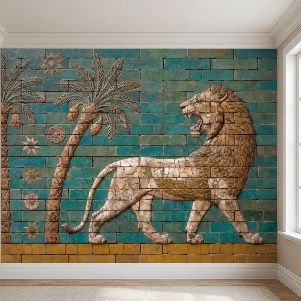 Ancient Babylon Ishtar Gate Lion Style Peel and Stick Wall Mural, Glazed Brick Relief Near Eastern Mesopotamian Palace Archaeology Wallpaper