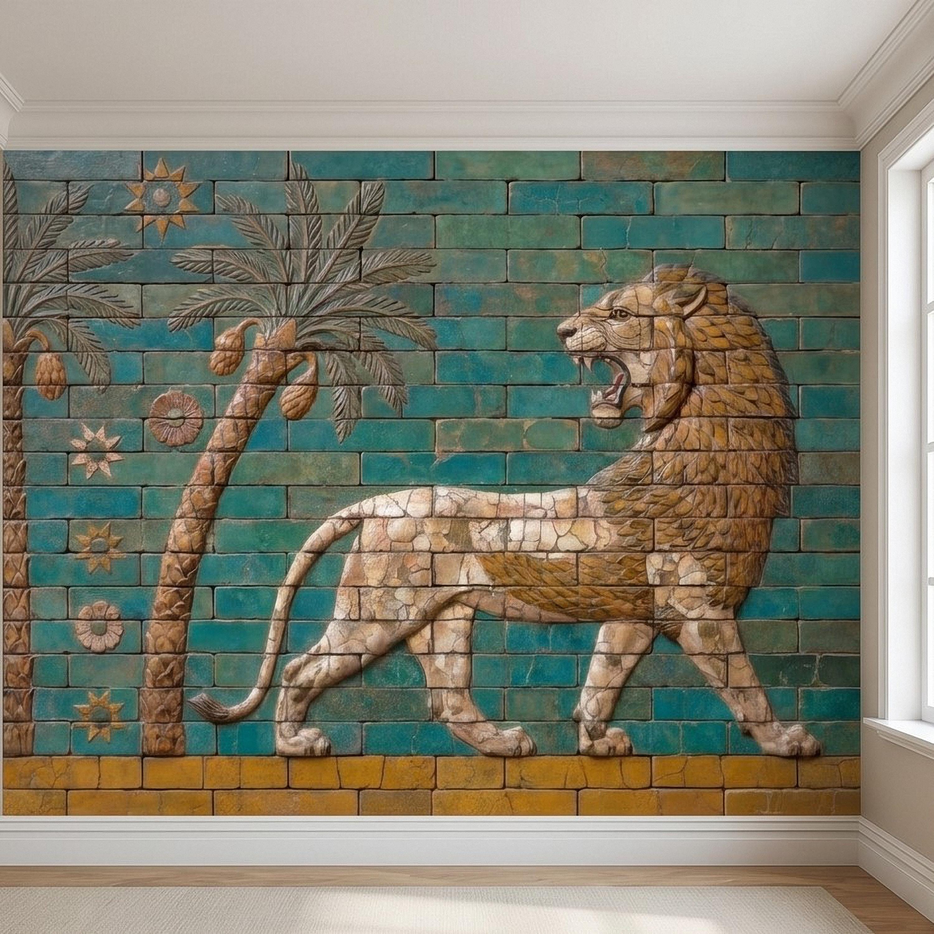 Ancient Babylon Ishtar Gate Lion Style Peel and Stick Wall Mural, Glazed Brick Relief Near Eastern Mesopotamian Palace Archaeology Wallpaper