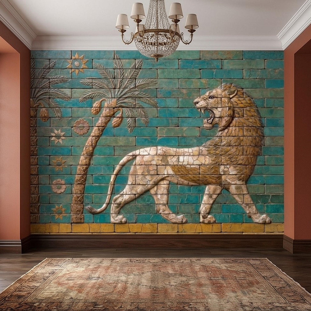 Ancient Babylon Ishtar Gate Lion Style Peel and Stick Wall Mural, Glazed Brick Relief Near Eastern Mesopotamian Palace Archaeology Wallpaper
