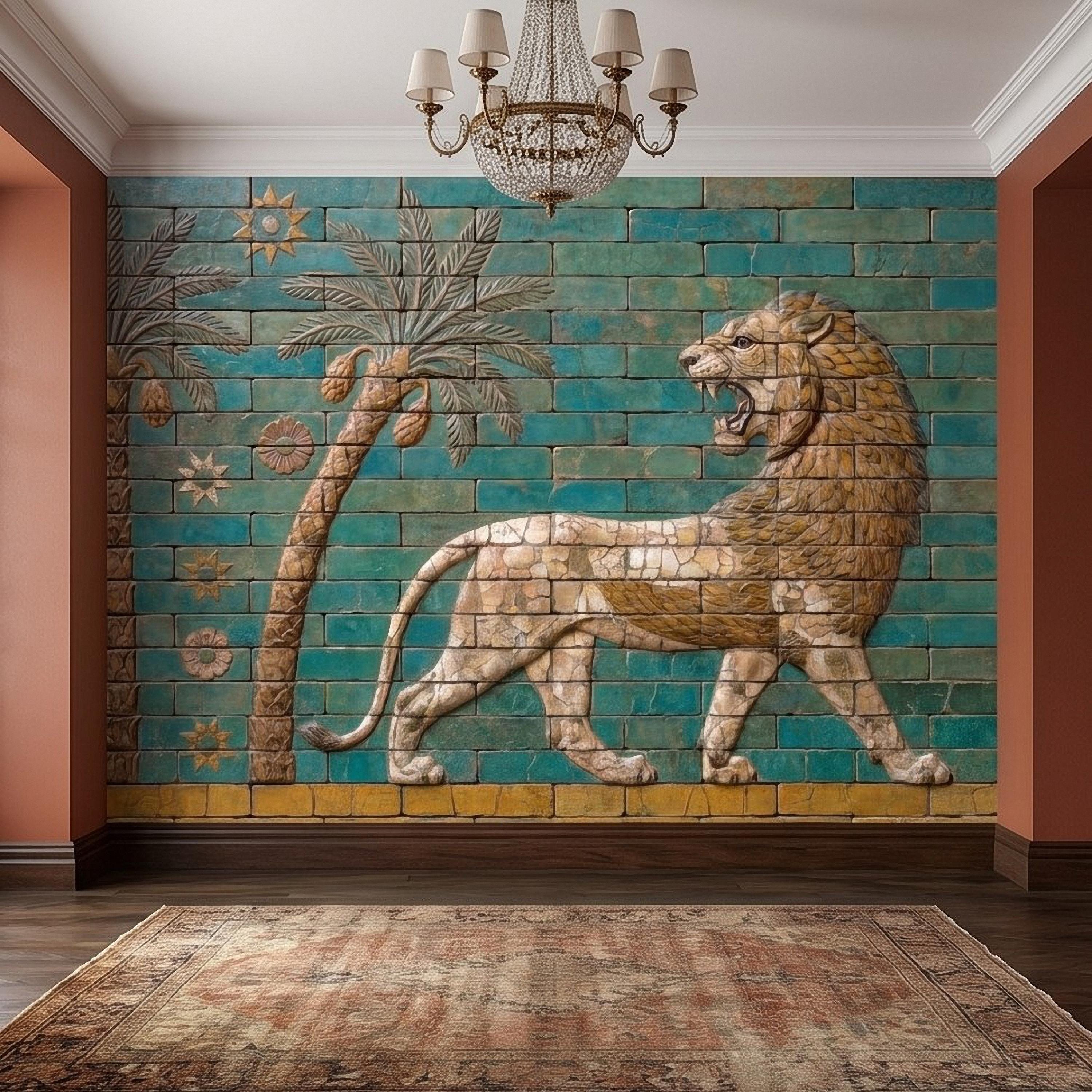 Ancient Babylon Ishtar Gate Lion Style Peel and Stick Wall Mural, Glazed Brick Relief Near Eastern Mesopotamian Palace Archaeology Wallpaper