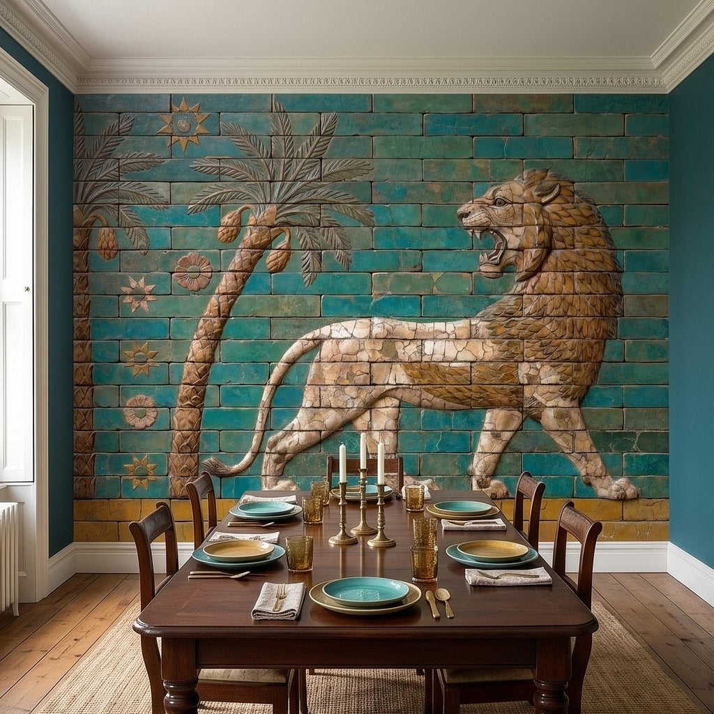 Ancient Babylon Ishtar Gate Lion Style Peel and Stick Wall Mural, Glazed Brick Relief Near Eastern Mesopotamian Palace Archaeology Wallpaper