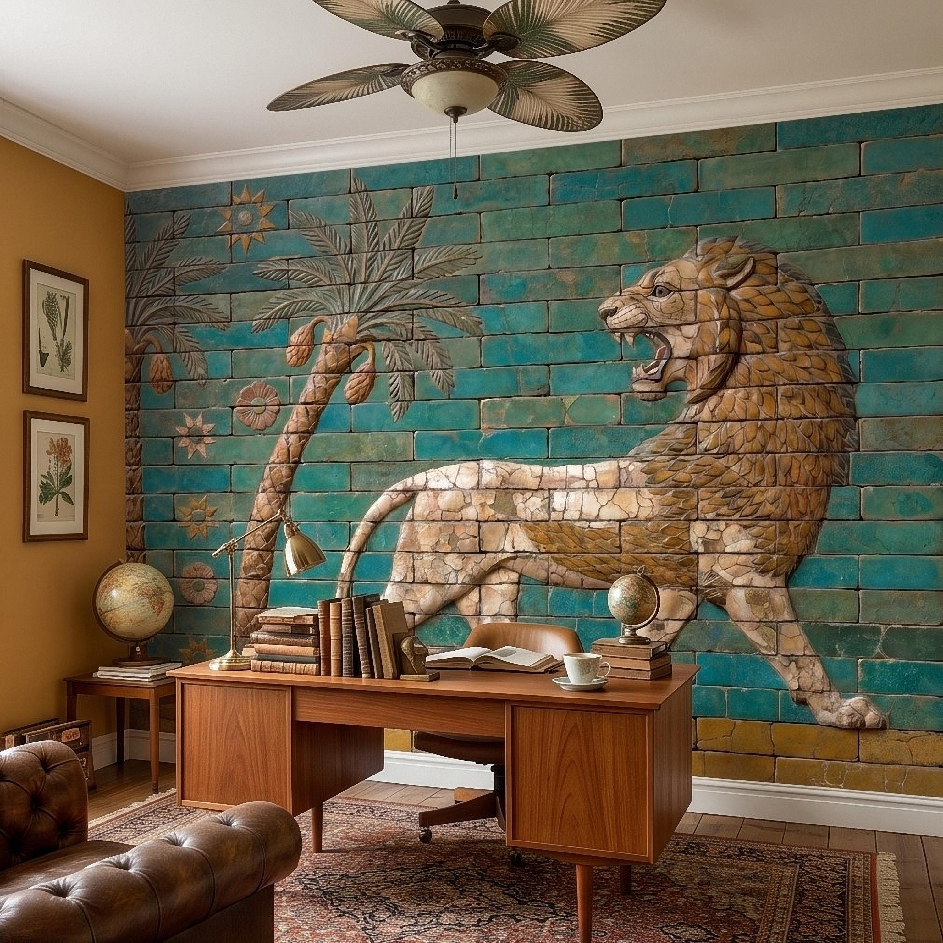 Ancient Babylon Ishtar Gate Lion Style Peel and Stick Wall Mural, Glazed Brick Relief Near Eastern Mesopotamian Palace Archaeology Wallpaper