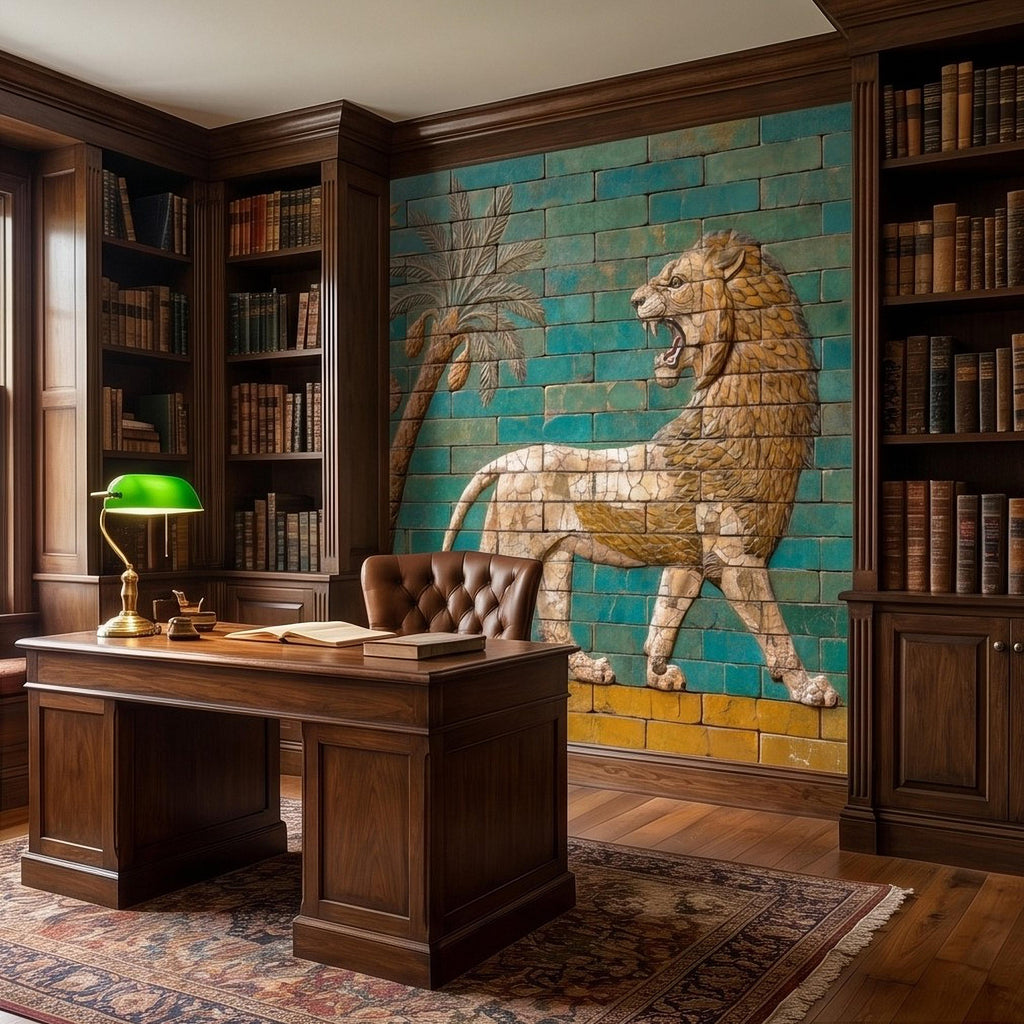 Ancient Babylon Ishtar Gate Lion Style Peel and Stick Wall Mural, Glazed Brick Relief Near Eastern Mesopotamian Palace Archaeology Wallpaper