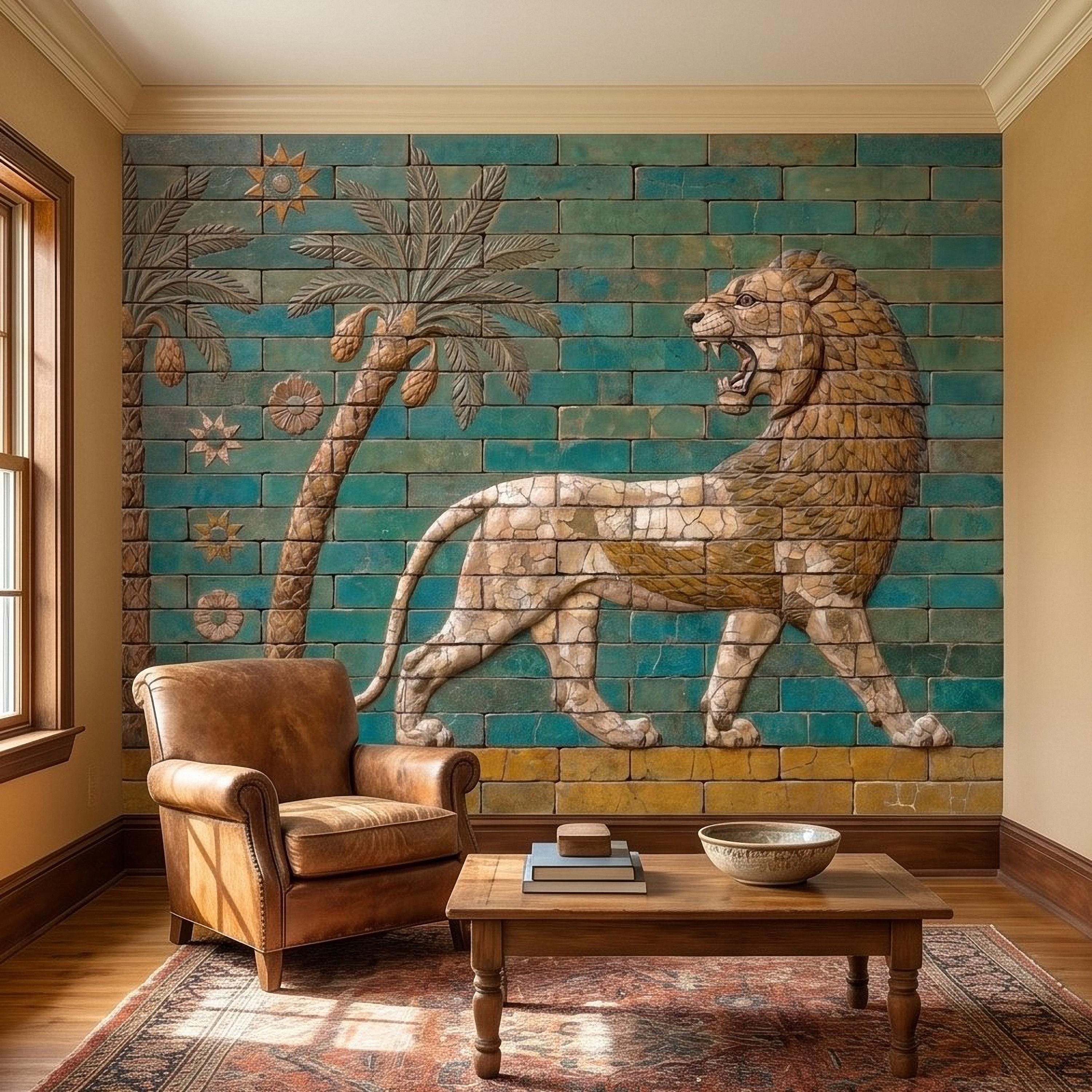 Ancient Babylon Ishtar Gate Lion Style Peel and Stick Wall Mural, Glazed Brick Relief Near Eastern Mesopotamian Palace Archaeology Wallpaper