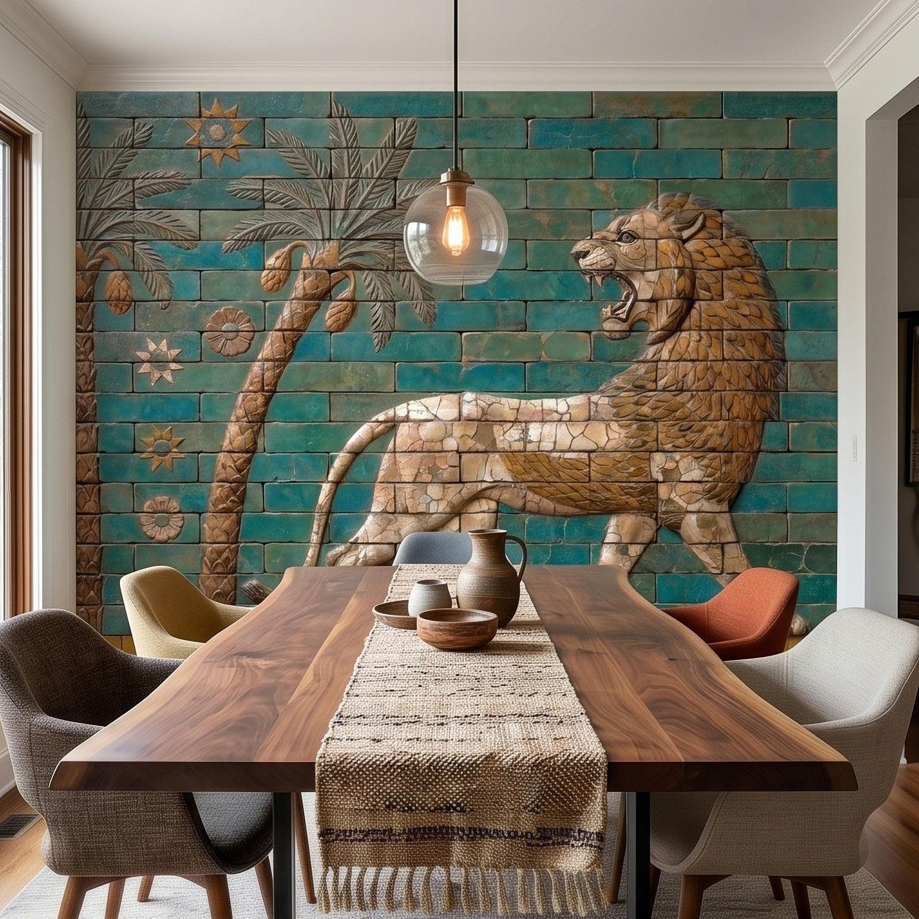 Ancient Babylon Ishtar Gate Lion Style Peel and Stick Wall Mural, Glazed Brick Relief Near Eastern Mesopotamian Palace Archaeology Wallpaper