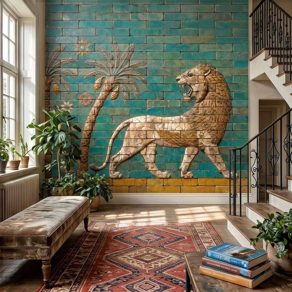 Ancient Babylon Ishtar Gate Lion Style Peel and Stick Wall Mural, Glazed Brick Relief Near Eastern Mesopotamian Palace Archaeology Wallpaper