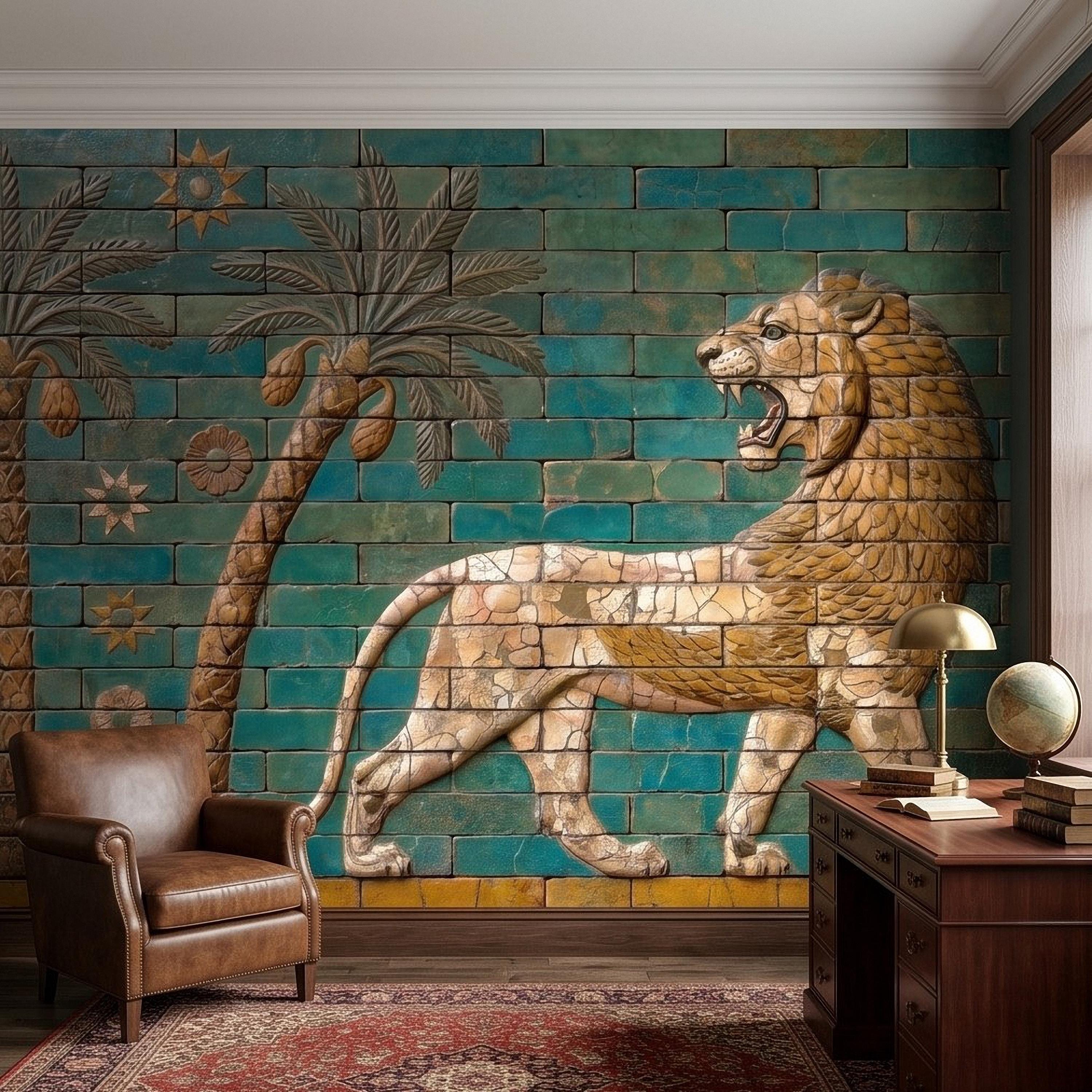 Ancient Babylon Ishtar Gate Lion Style Peel and Stick Wall Mural, Glazed Brick Relief Near Eastern Mesopotamian Palace Archaeology Wallpaper