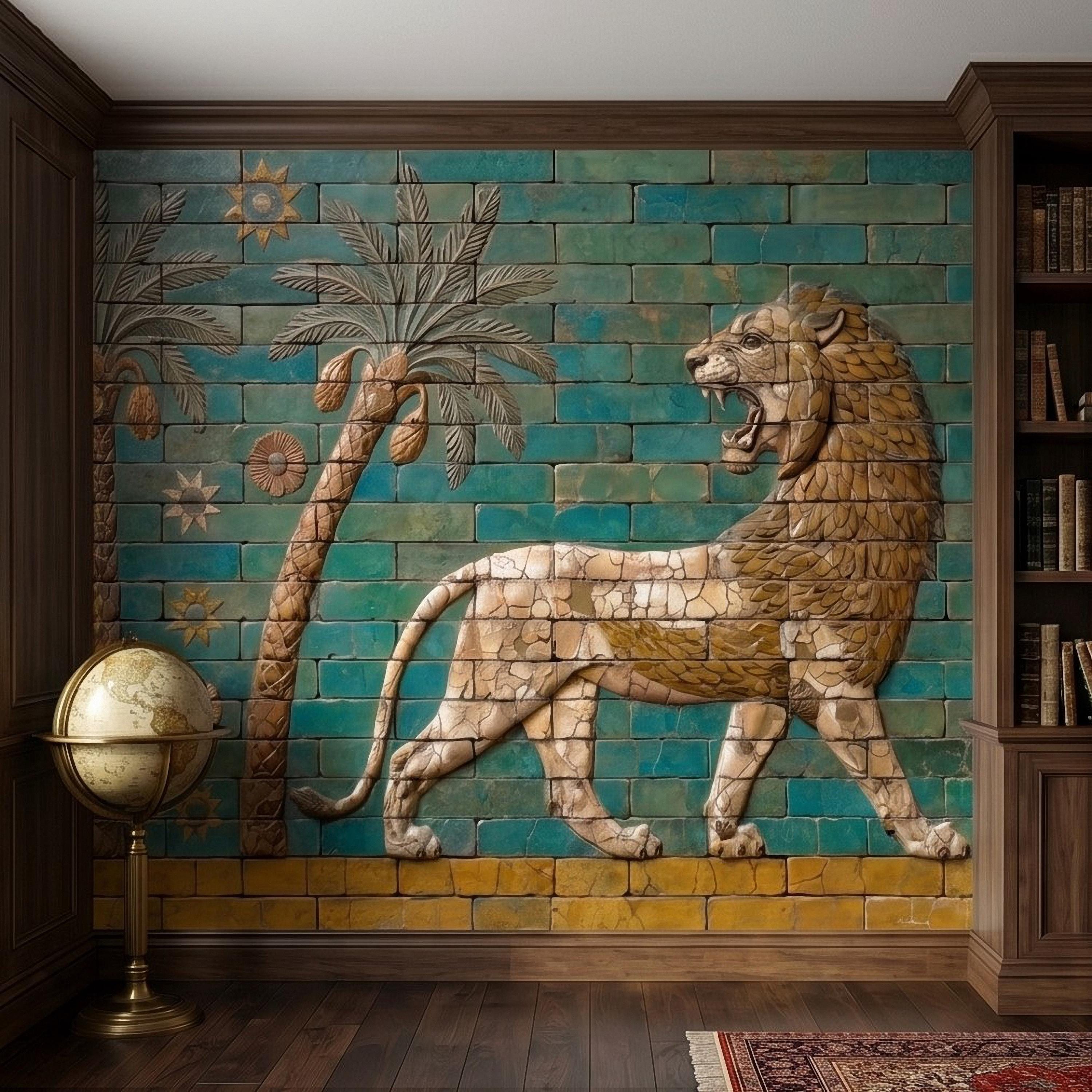 Ancient Babylon Ishtar Gate Lion Style Peel and Stick Wall Mural, Glazed Brick Relief Near Eastern Mesopotamian Palace Archaeology Wallpaper