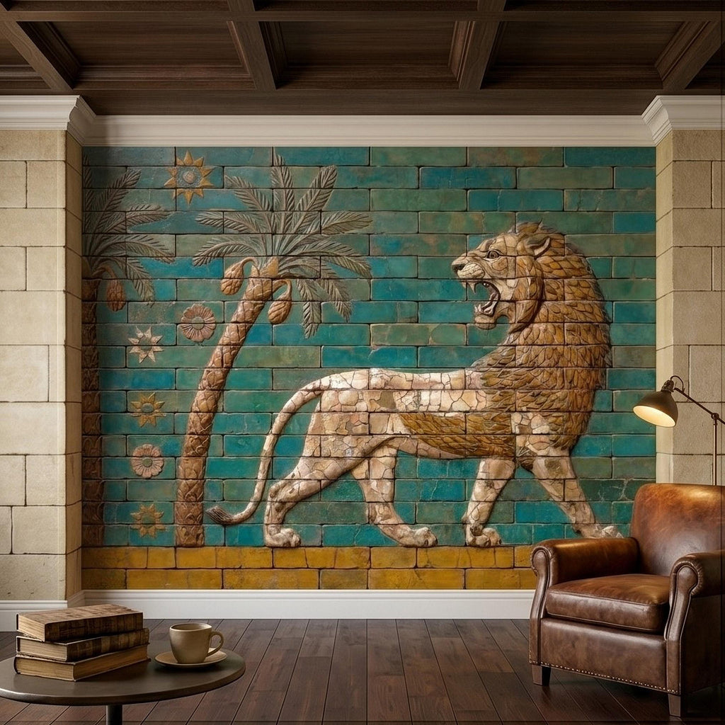 Ancient Babylon Ishtar Gate Lion Style Peel and Stick Wall Mural, Glazed Brick Relief Near Eastern Mesopotamian Palace Archaeology Wallpaper