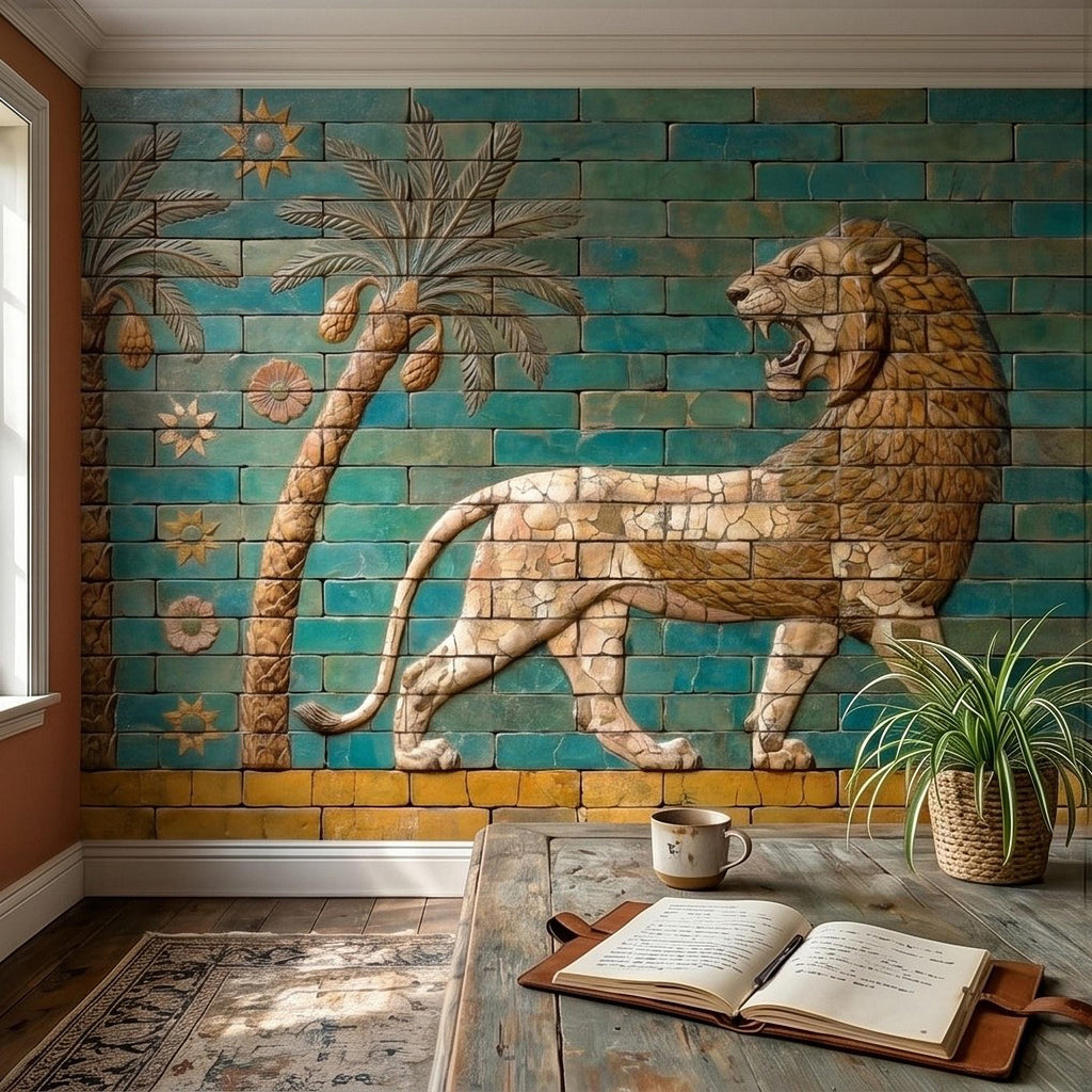 Ancient Babylon Ishtar Gate Lion Style Peel and Stick Wall Mural, Glazed Brick Relief Near Eastern Mesopotamian Palace Archaeology Wallpaper