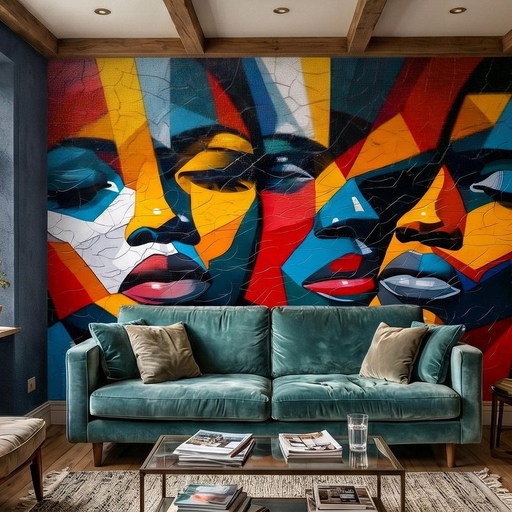 Abstract Cubist Faces Peel and Stick Wall Mural, Colorful Geometric Portrait Mosaic, Cracked Paint Texture, Modern Pop Art Wallpaper