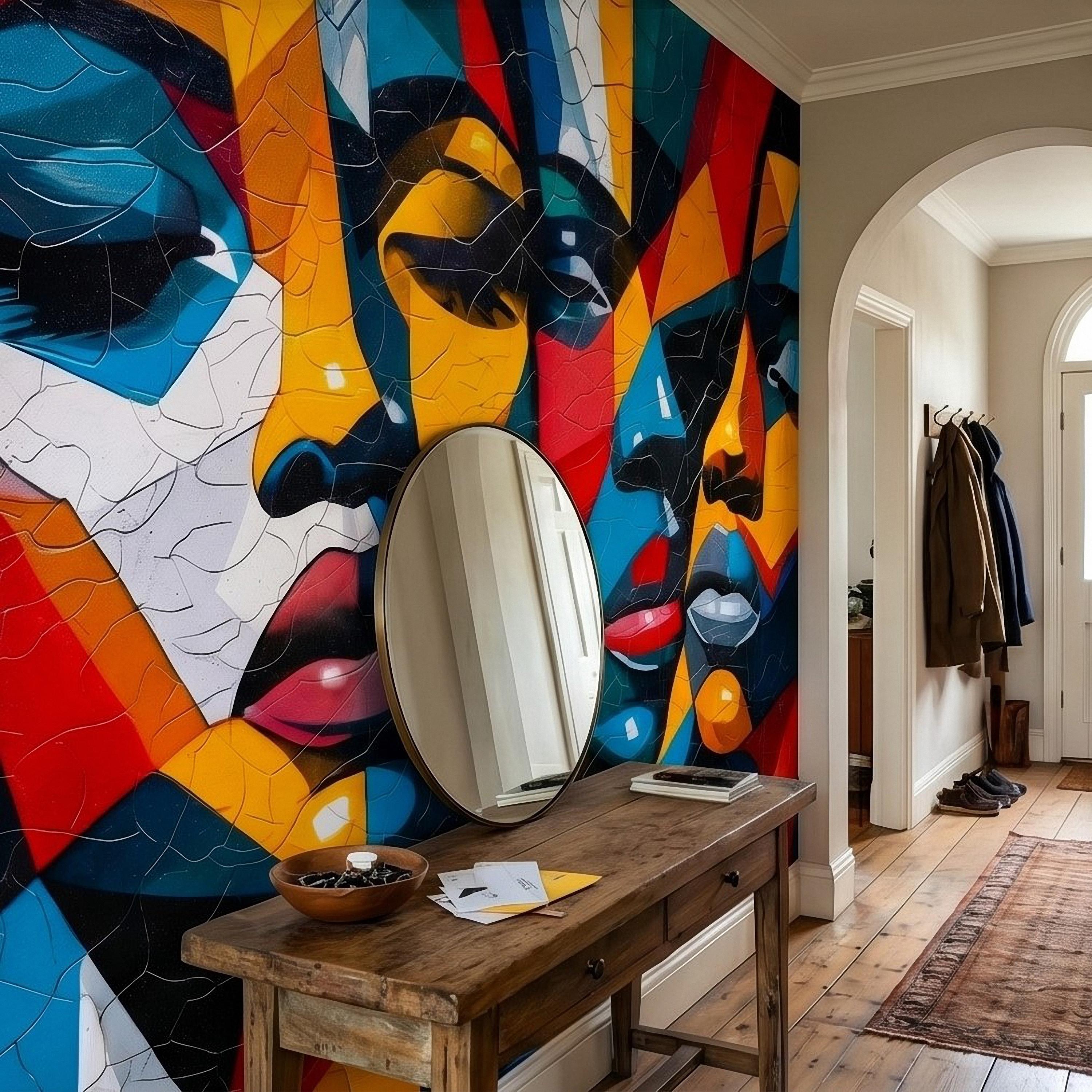 Abstract Cubist Faces Peel and Stick Wall Mural, Colorful Geometric Portrait Mosaic, Cracked Paint Texture, Modern Pop Art Wallpaper