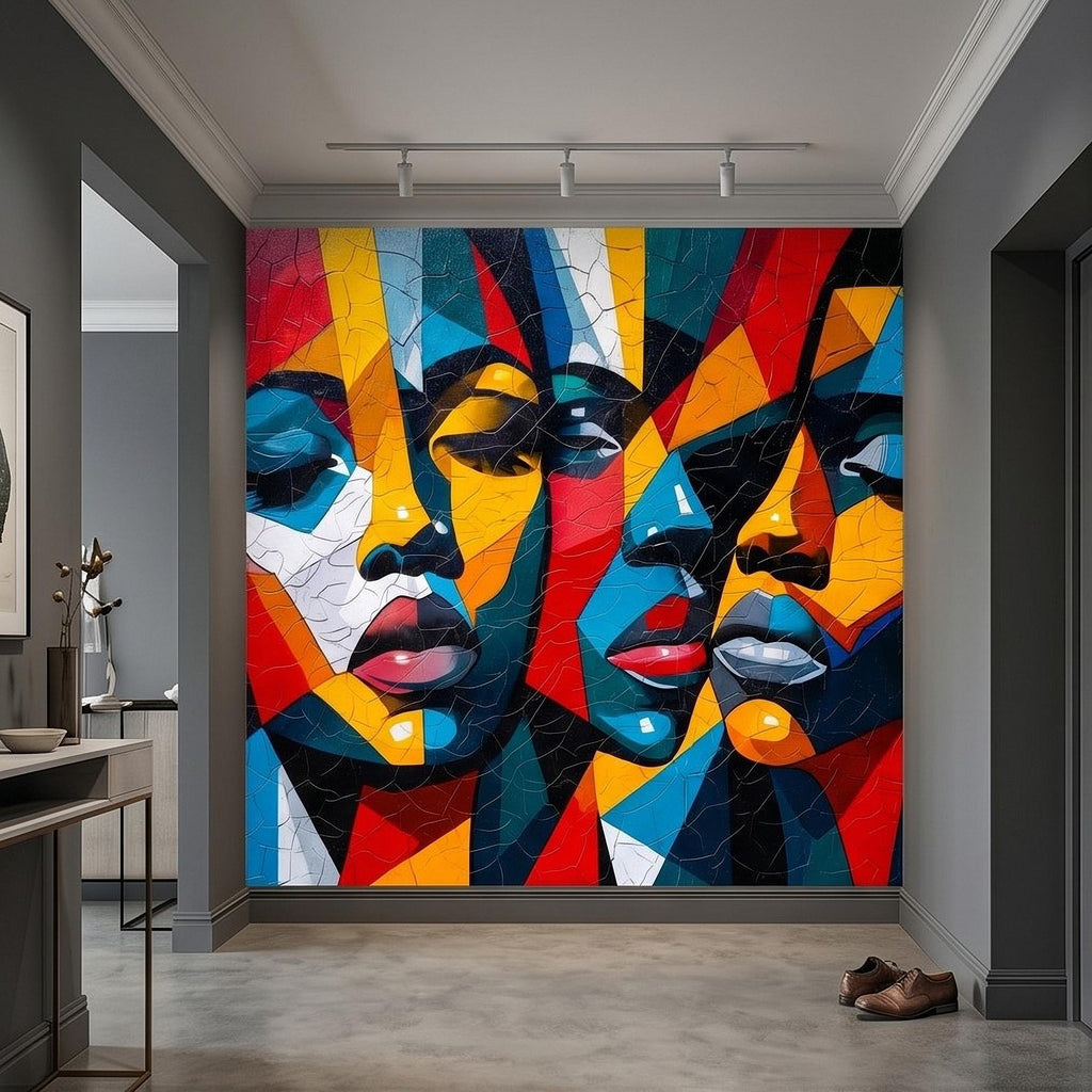 Abstract Cubist Faces Peel and Stick Wall Mural, Colorful Geometric Portrait Mosaic, Cracked Paint Texture, Modern Pop Art Wallpaper