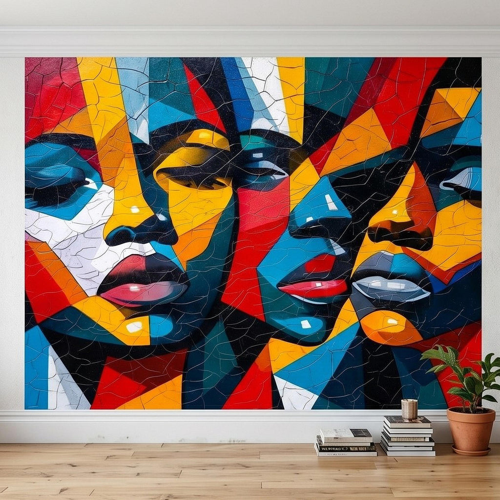 Abstract Cubist Faces Peel and Stick Wall Mural, Colorful Geometric Portrait Mosaic, Cracked Paint Texture, Modern Pop Art Wallpaper