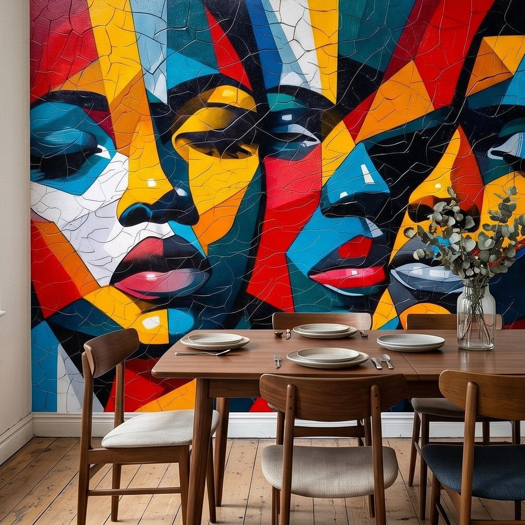 Abstract Cubist Faces Peel and Stick Wall Mural, Colorful Geometric Portrait Mosaic, Cracked Paint Texture, Modern Pop Art Wallpaper
