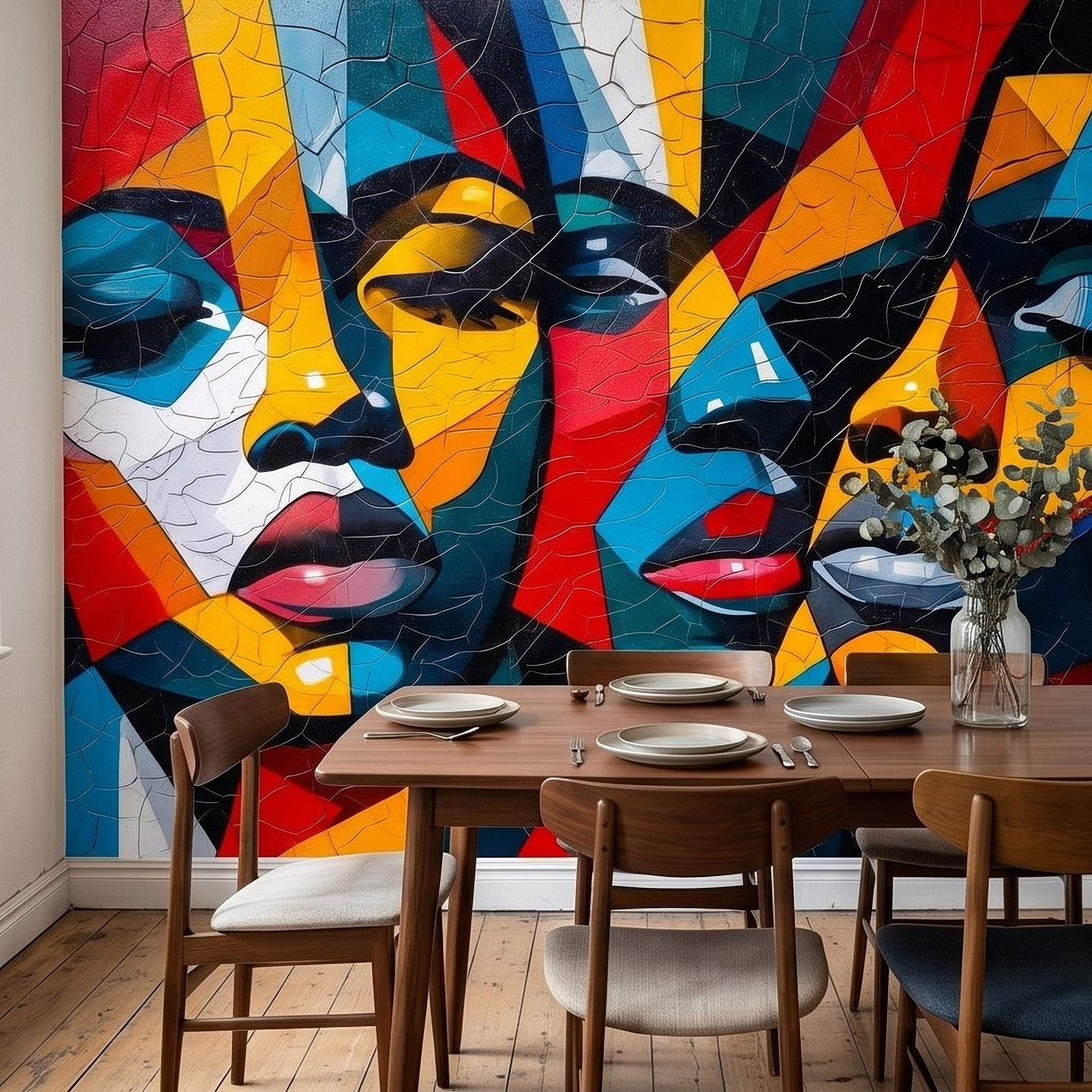 Abstract Cubist Faces Peel and Stick Wall Mural, Colorful Geometric Portrait Mosaic, Cracked Paint Texture, Modern Pop Art Wallpaper