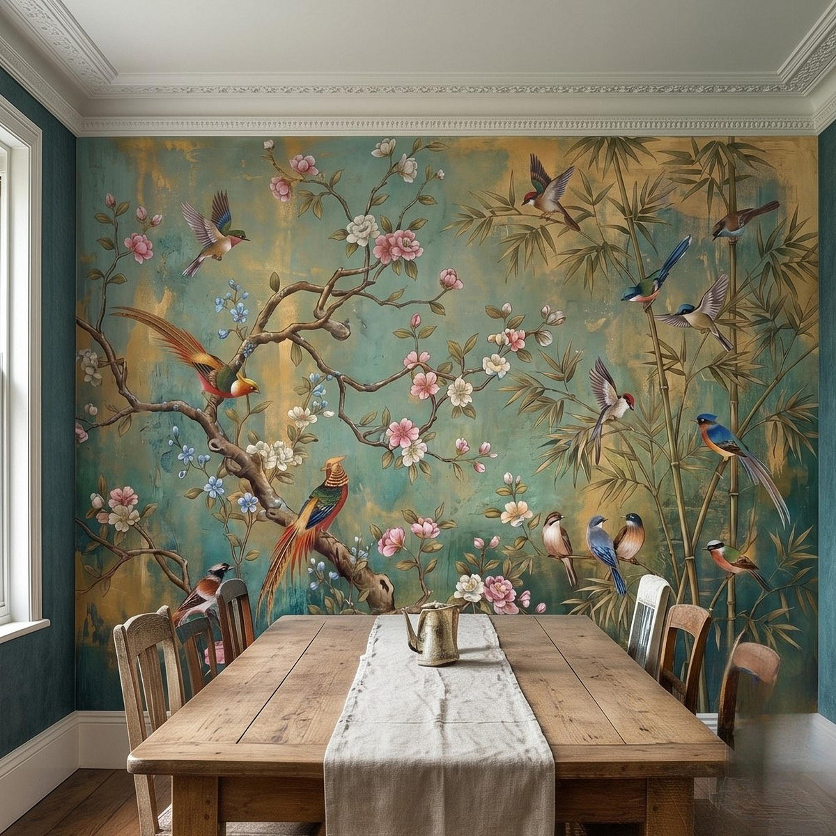 Botanical wall mural panel with birds perched on flowering branches and bamboo on teal.