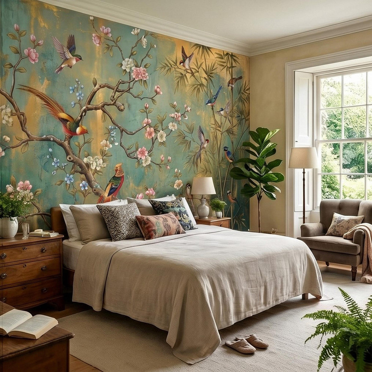 Botanical wall mural featuring birds on blossoms and bamboo, on a teal garden backdrop.