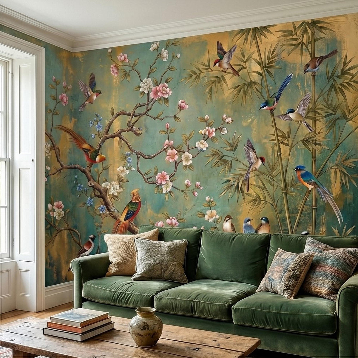 Teal wall mural with songbirds, blooming cherry tree branches, and bamboo stalks.