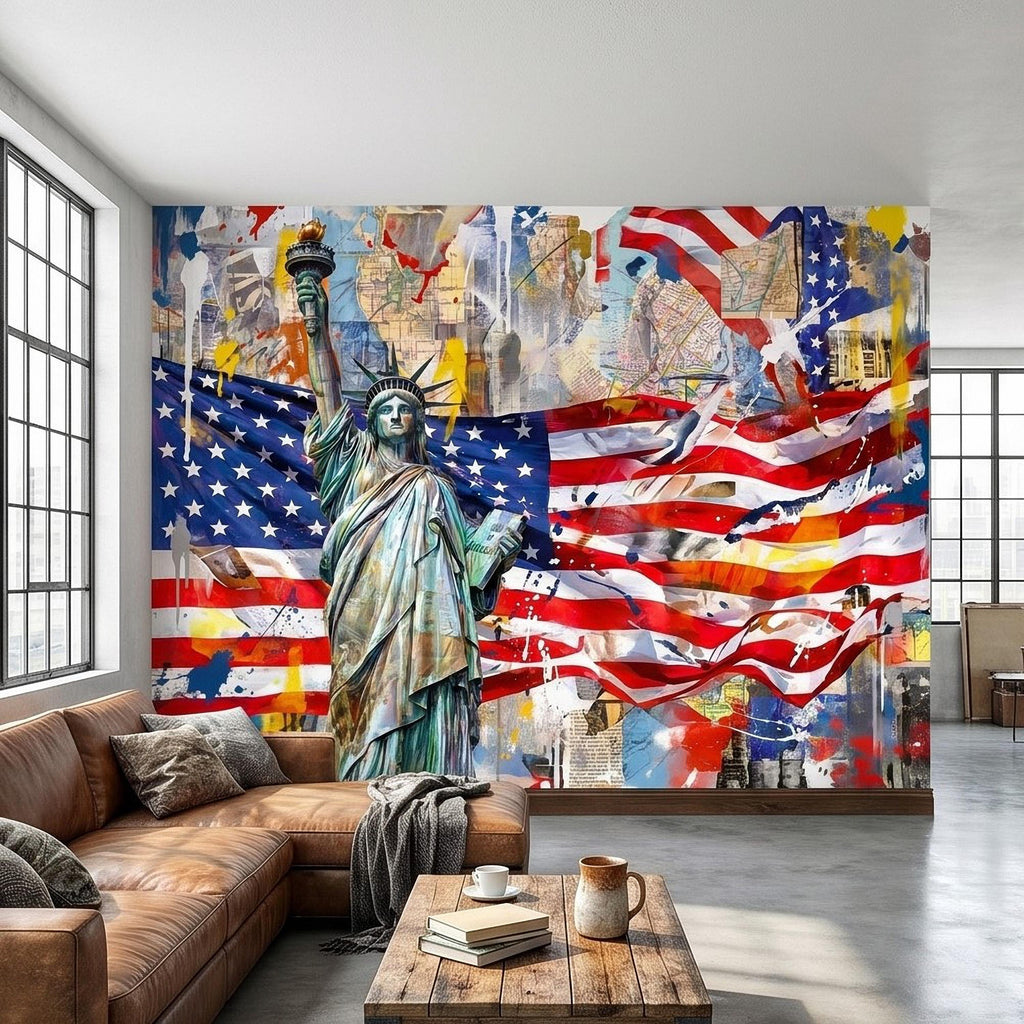 Statue of Liberty American Flag Peel and Stick Wall Mural, Patriotic USA Street Art Graffiti Collage Mixed Media Colorful Pop Art Wallpaper