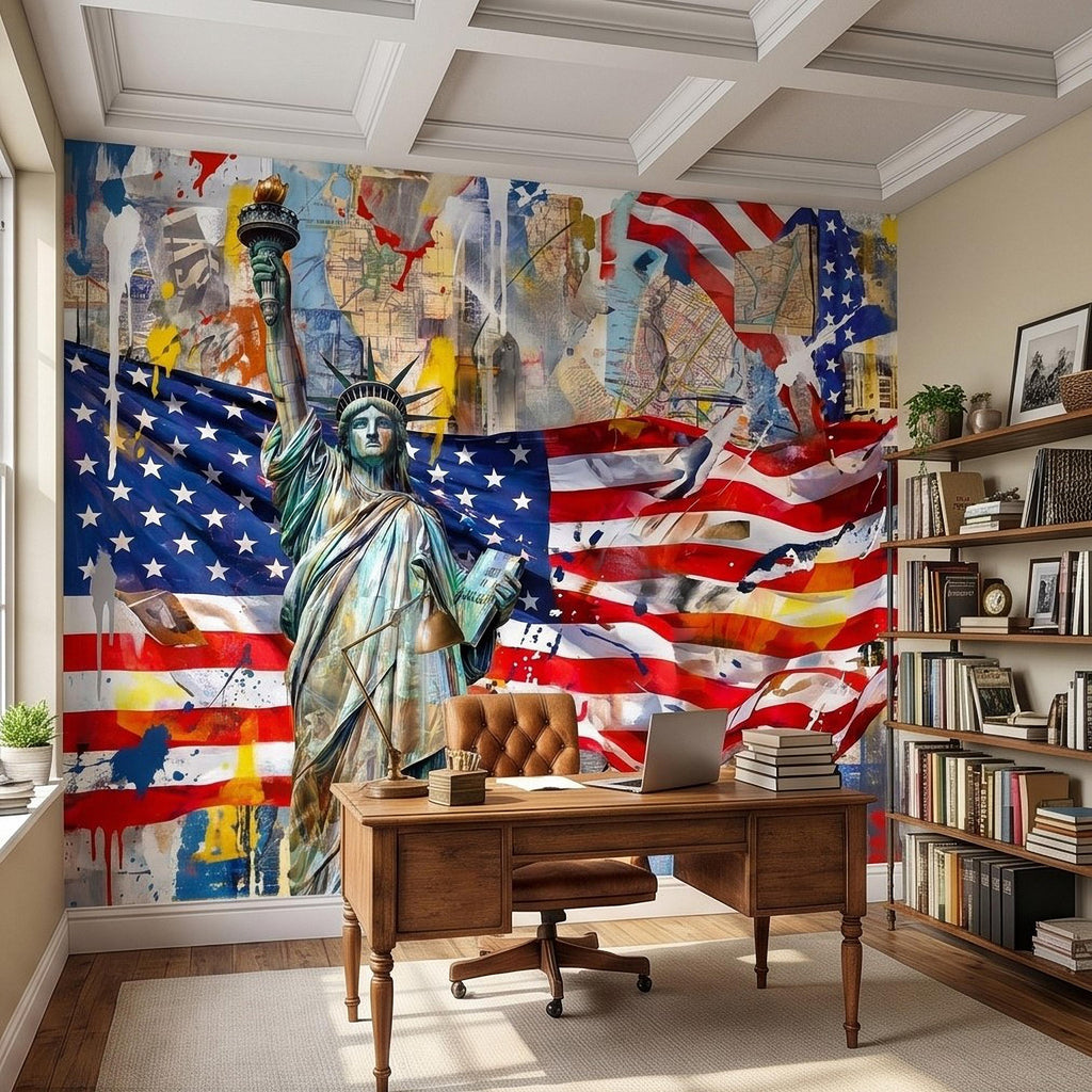 Statue of Liberty American Flag Peel and Stick Wall Mural, Patriotic USA Street Art Graffiti Collage Mixed Media Colorful Pop Art Wallpaper
