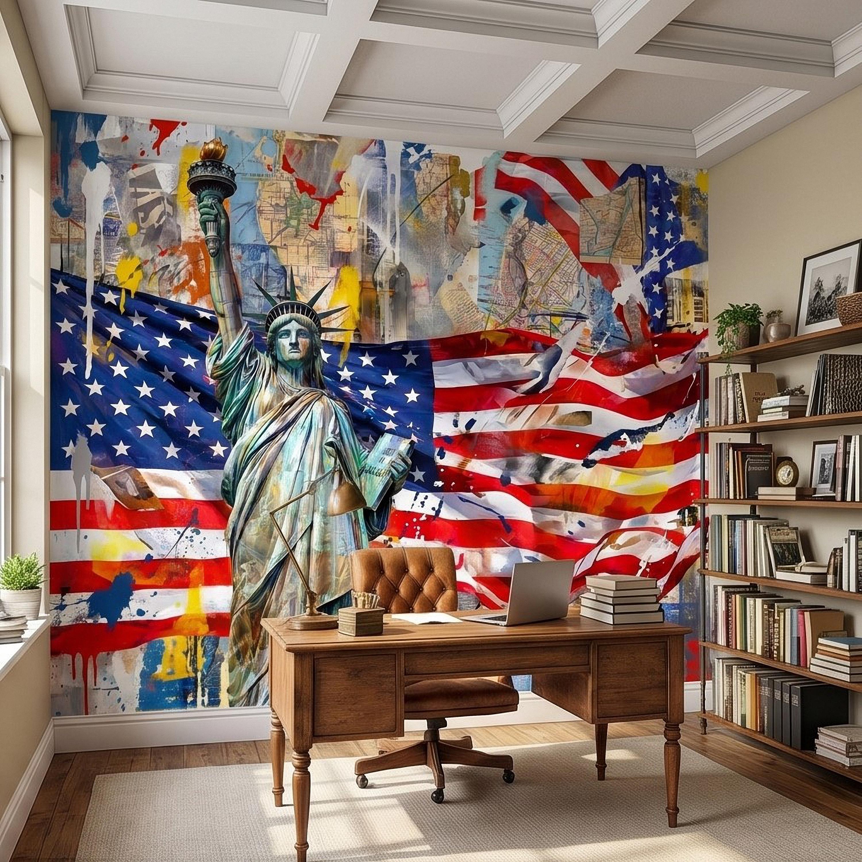 Statue of Liberty American Flag Peel and Stick Wall Mural, Patriotic USA Street Art Graffiti Collage Mixed Media Colorful Pop Art Wallpaper
