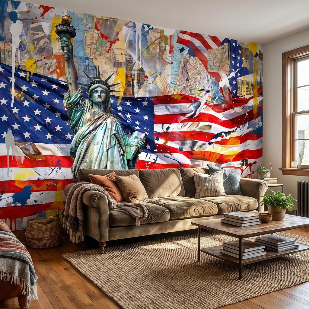 Statue of Liberty American Flag Peel and Stick Wall Mural, Patriotic USA Street Art Graffiti Collage Mixed Media Colorful Pop Art Wallpaper