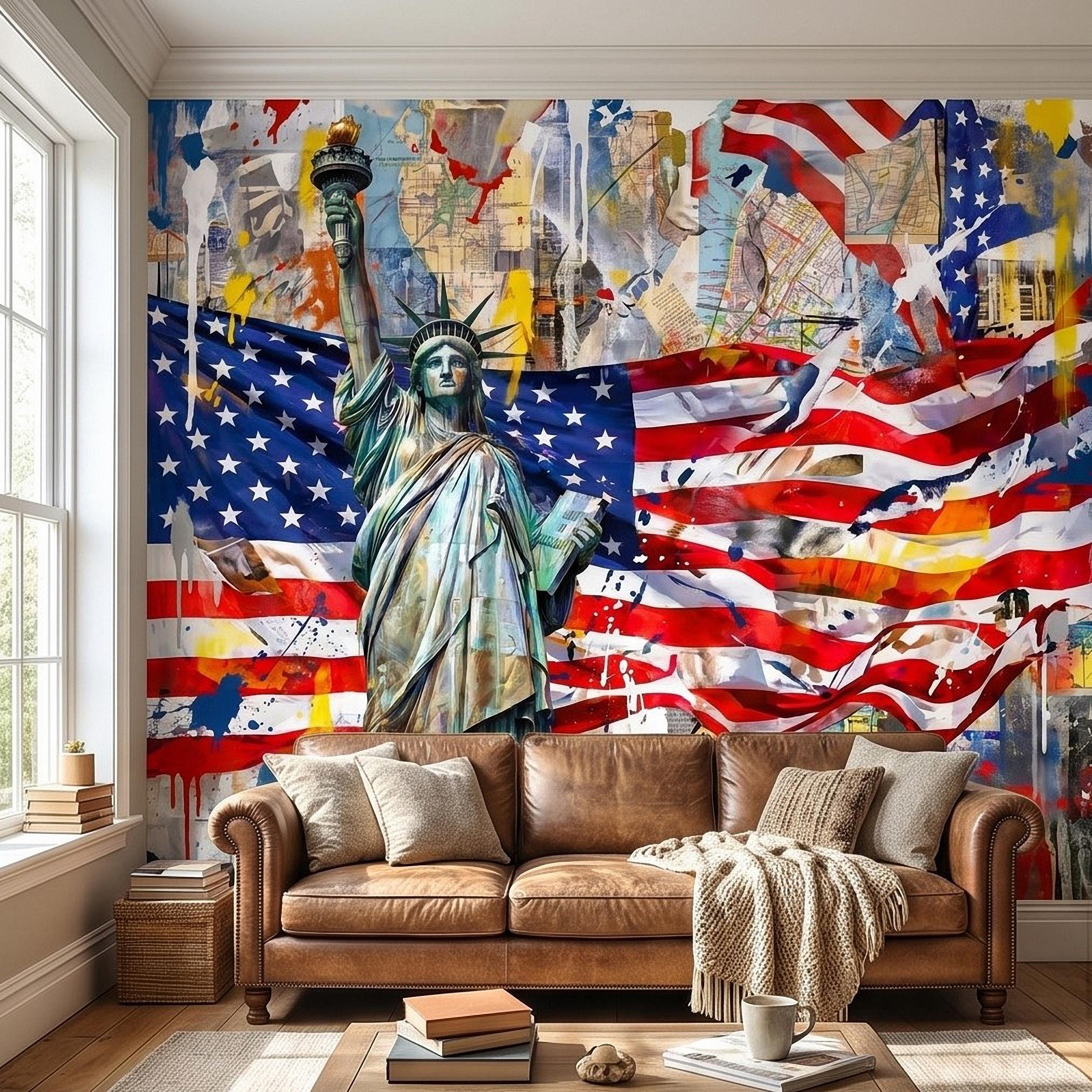 Statue of Liberty American Flag Peel and Stick Wall Mural, Patriotic USA Street Art Graffiti Collage Mixed Media Colorful Pop Art Wallpaper
