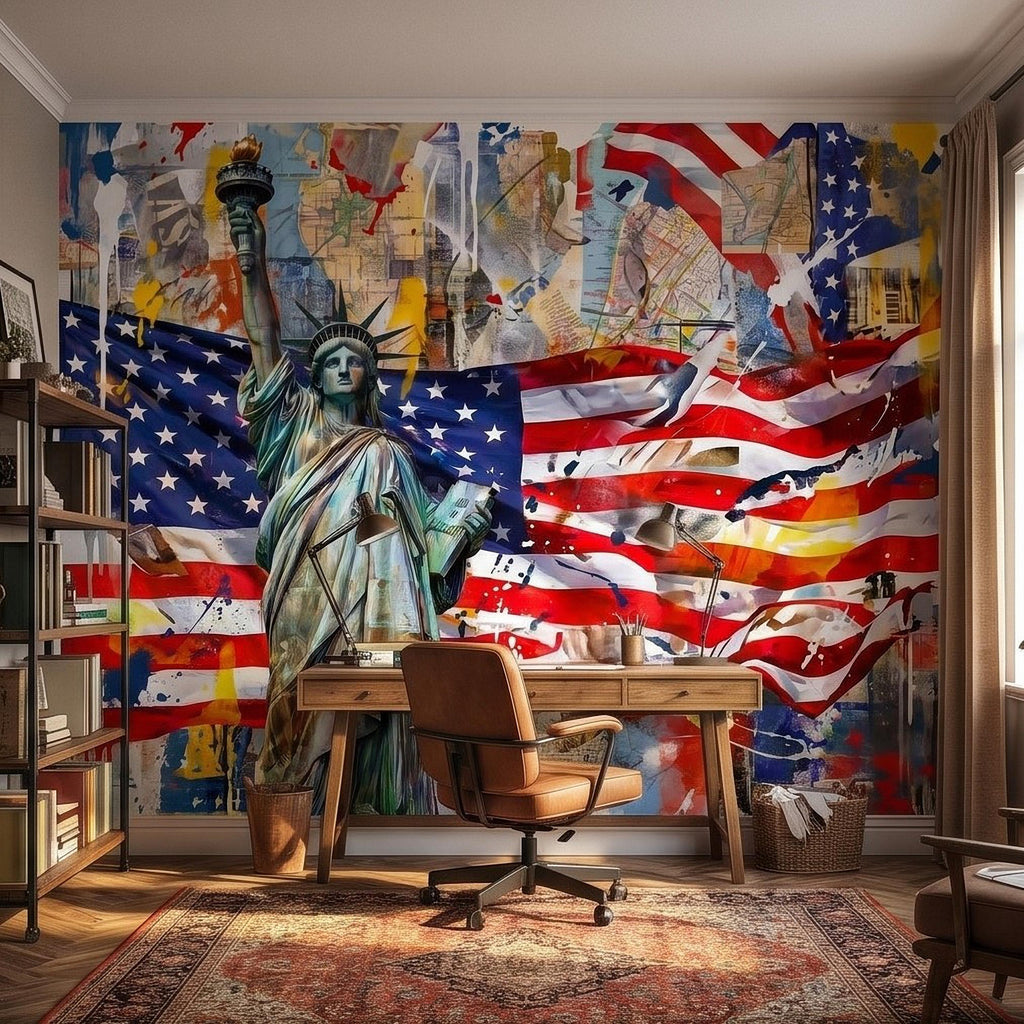 Statue of Liberty American Flag Peel and Stick Wall Mural, Patriotic USA Street Art Graffiti Collage Mixed Media Colorful Pop Art Wallpaper