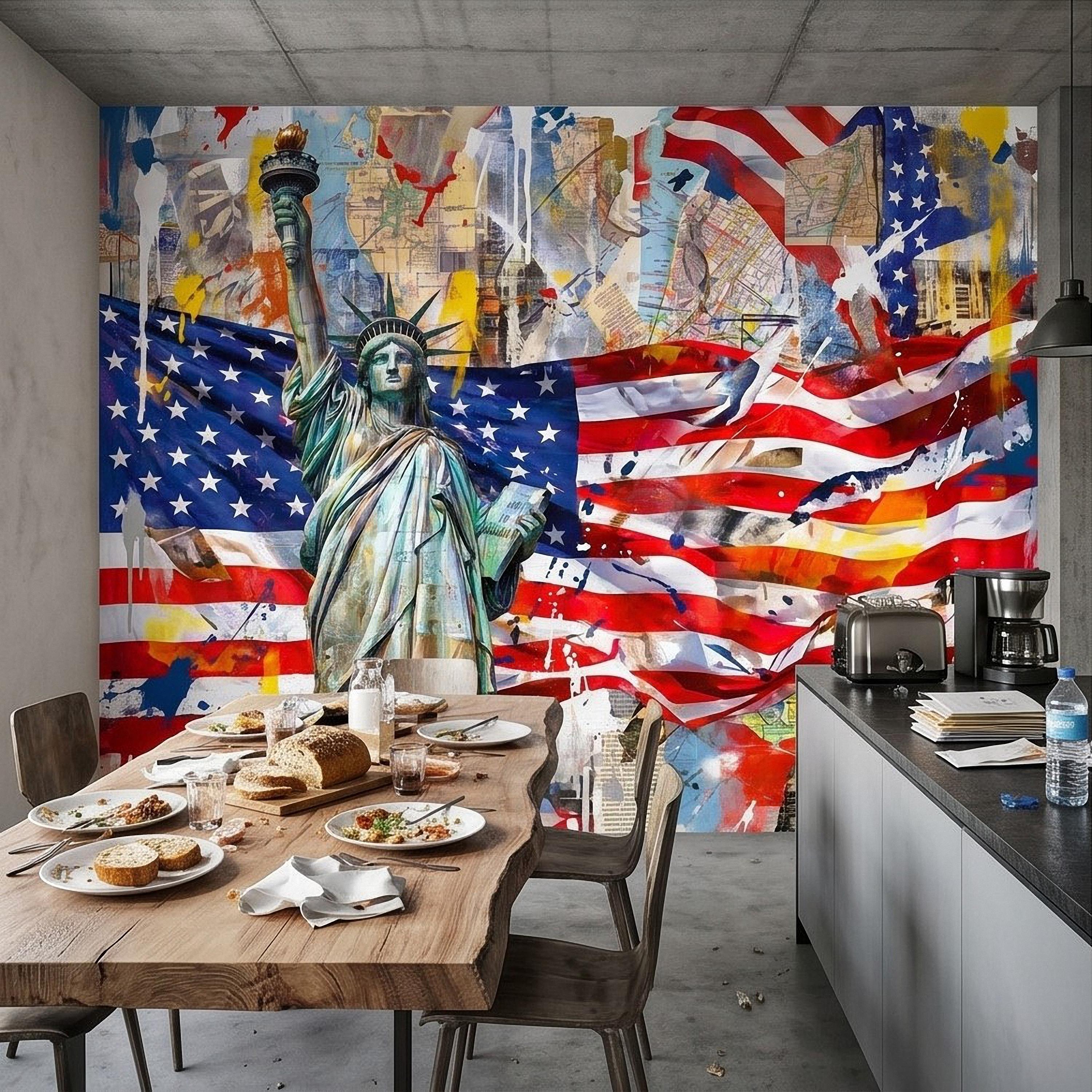 Statue of Liberty American Flag Peel and Stick Wall Mural, Patriotic USA Street Art Graffiti Collage Mixed Media Colorful Pop Art Wallpaper