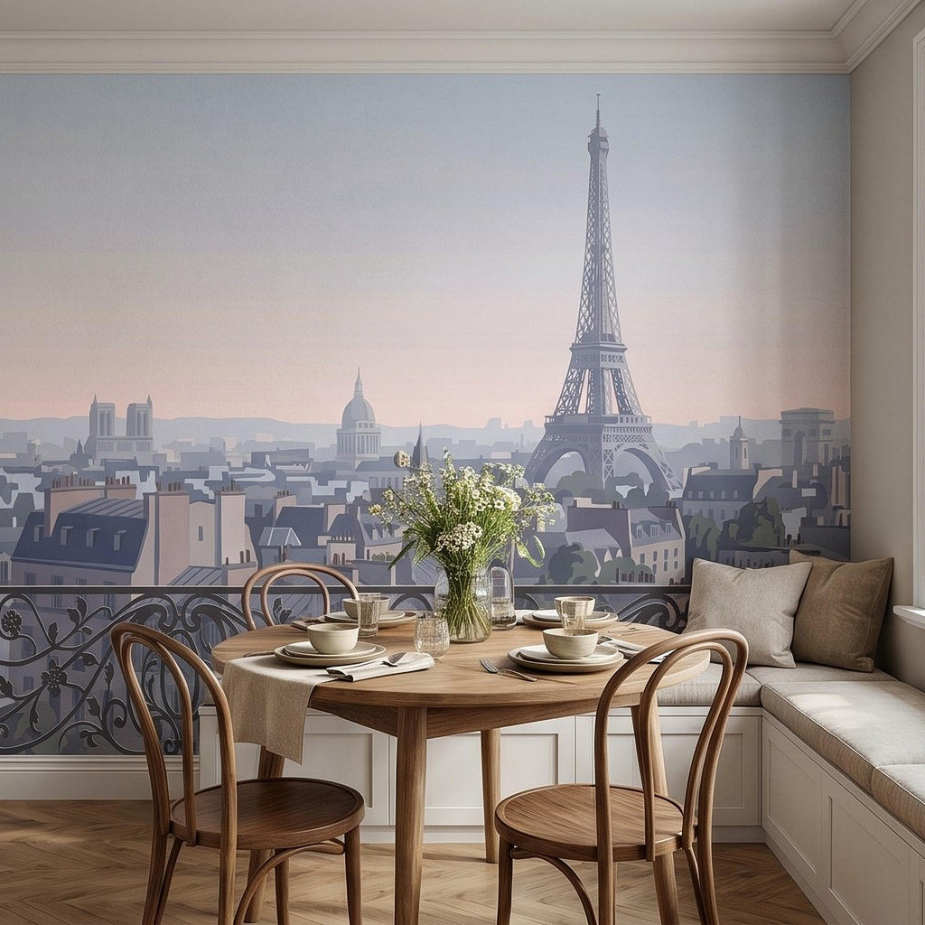 Paris Eiffel Tower Peel and Stick Wall Mural, French Cityscape Balcony View, Pastel Sunset Skyline Vintage Travel Illustration Wallpaper